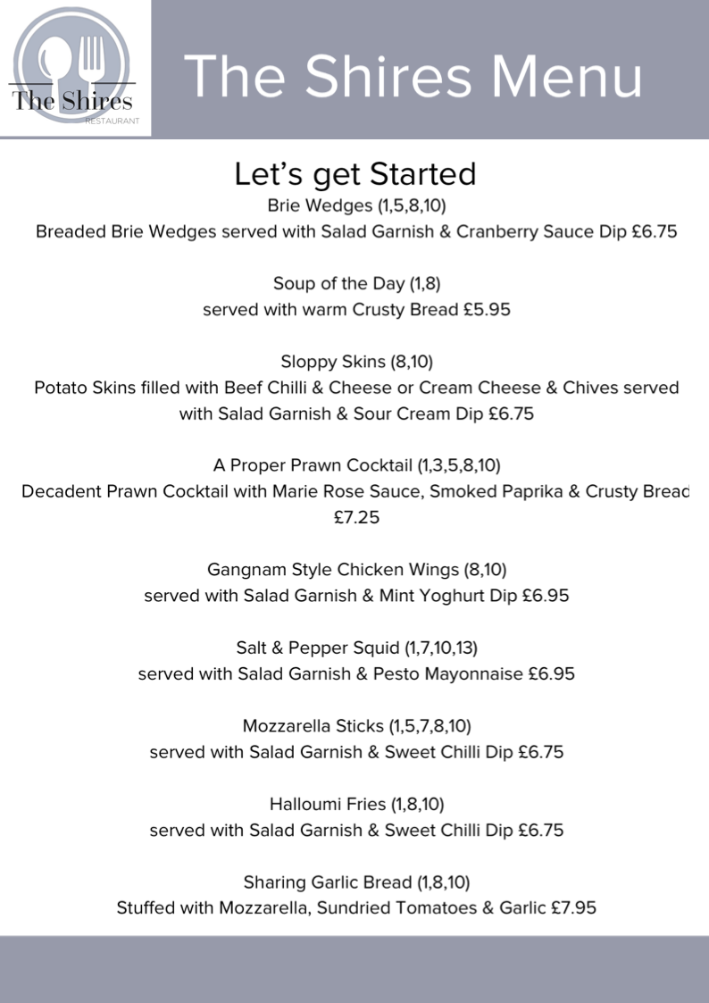 The Shires Menu — the shires pub and restaurant