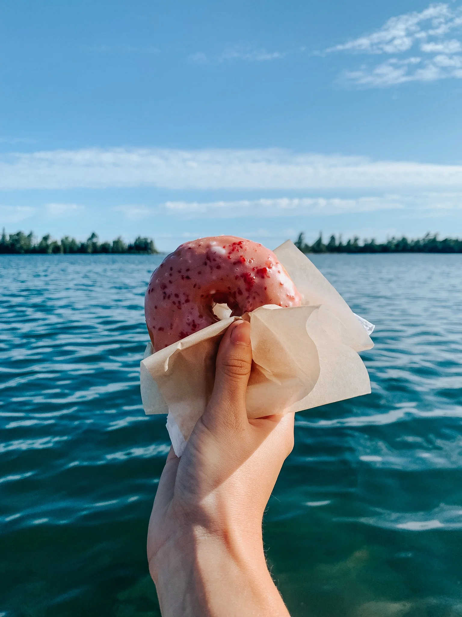 Jameson's Thimbleberry donut with Copper Harbor's water in the backdrop.