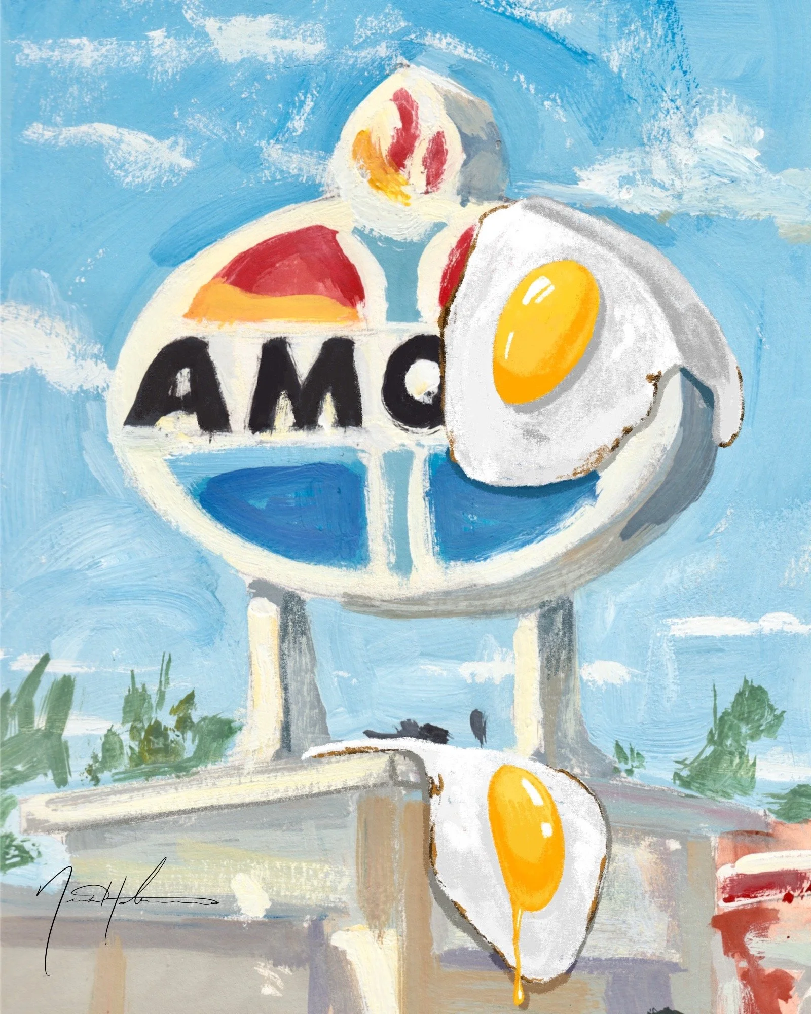 Eggs on Amoco. Gouache on Bristol, 8x10" 2021