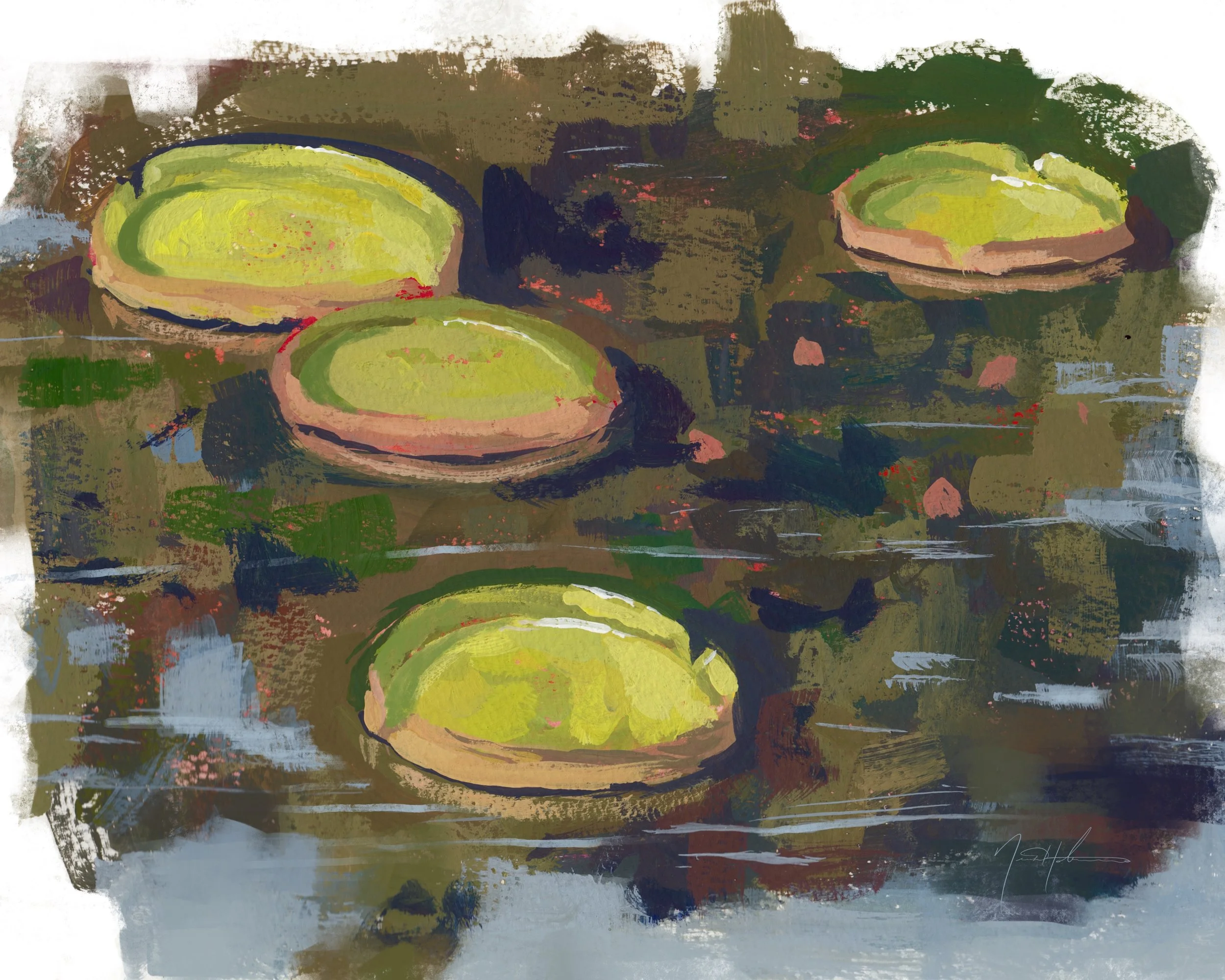 Giant Lily Pads. Gouache on paper, 6x8" 2023