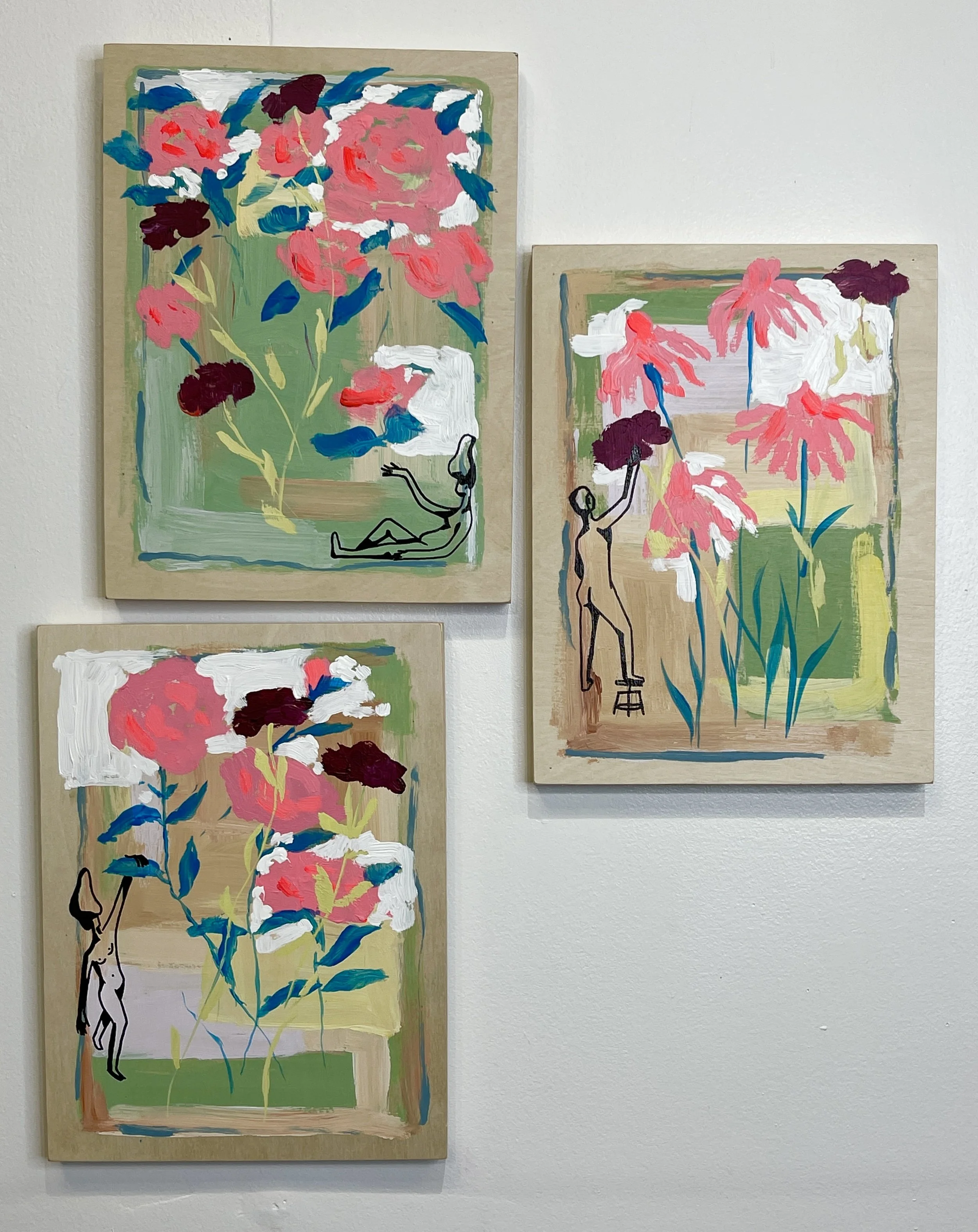 Three Florals. Acrylic panel, 9x12" 2024