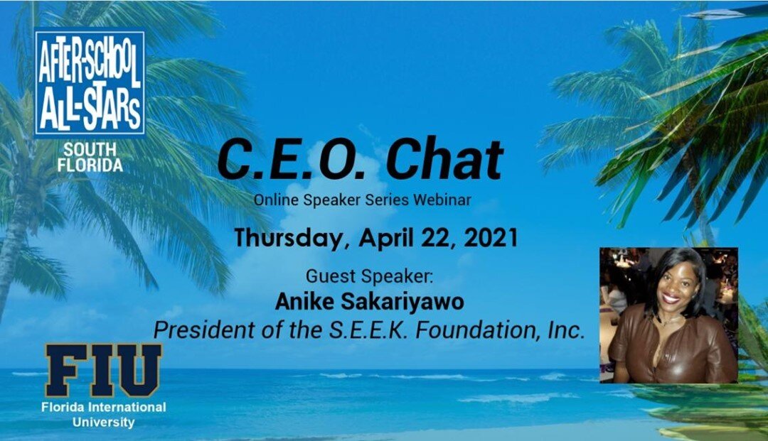 Thank you to our wonderful &quot;CEO Chats&quot; speaker this week, Anike Sakariyawo. We truly appreciate her taking the time to speak to over 100 of our students about her career with the amazing company she founded, S.E.E.K Foundation, Inc.