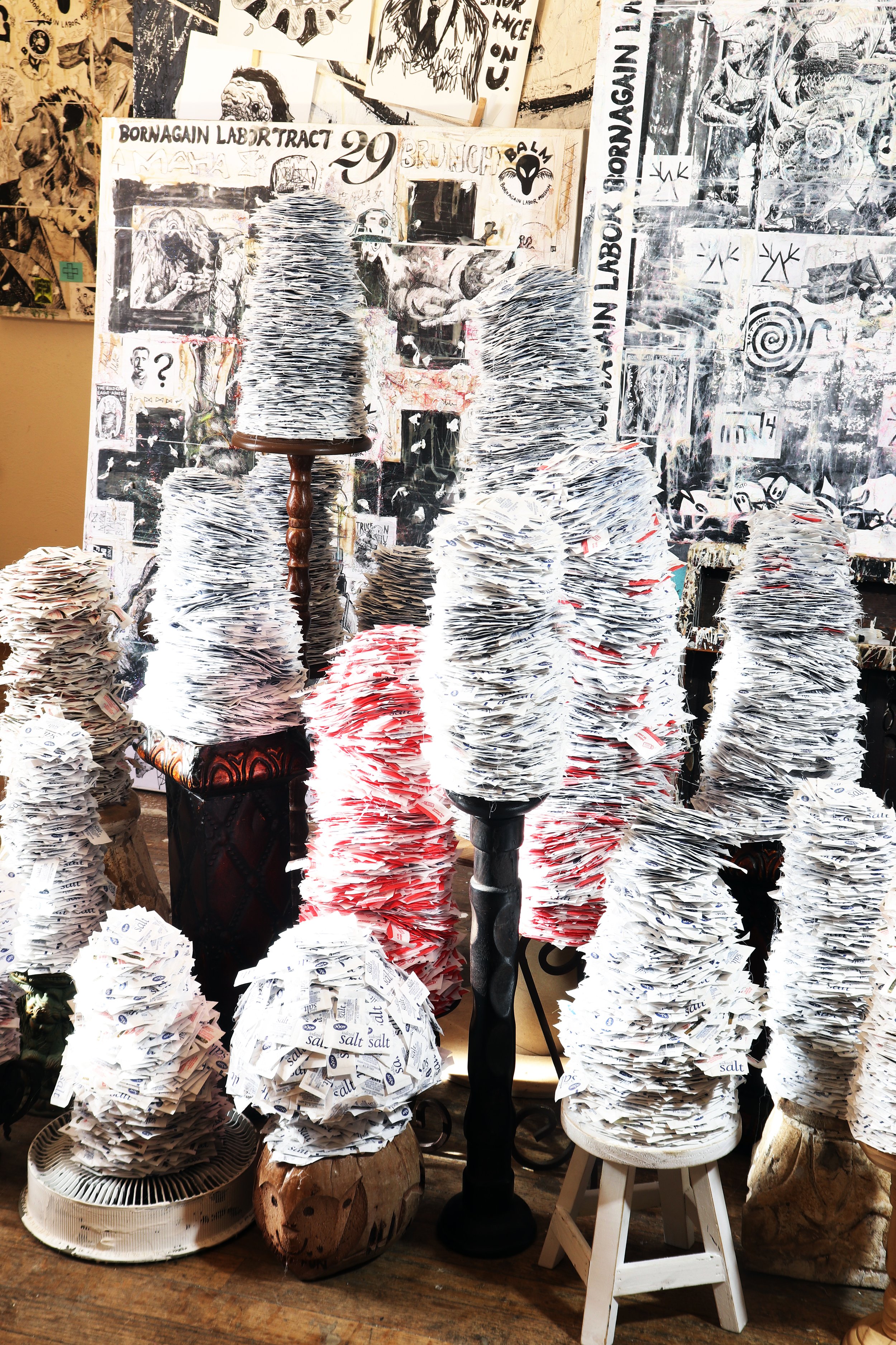 Parking Lot's Wives - salt packets, foam or plastic, glue, salvaged pedestals (2021-2025)