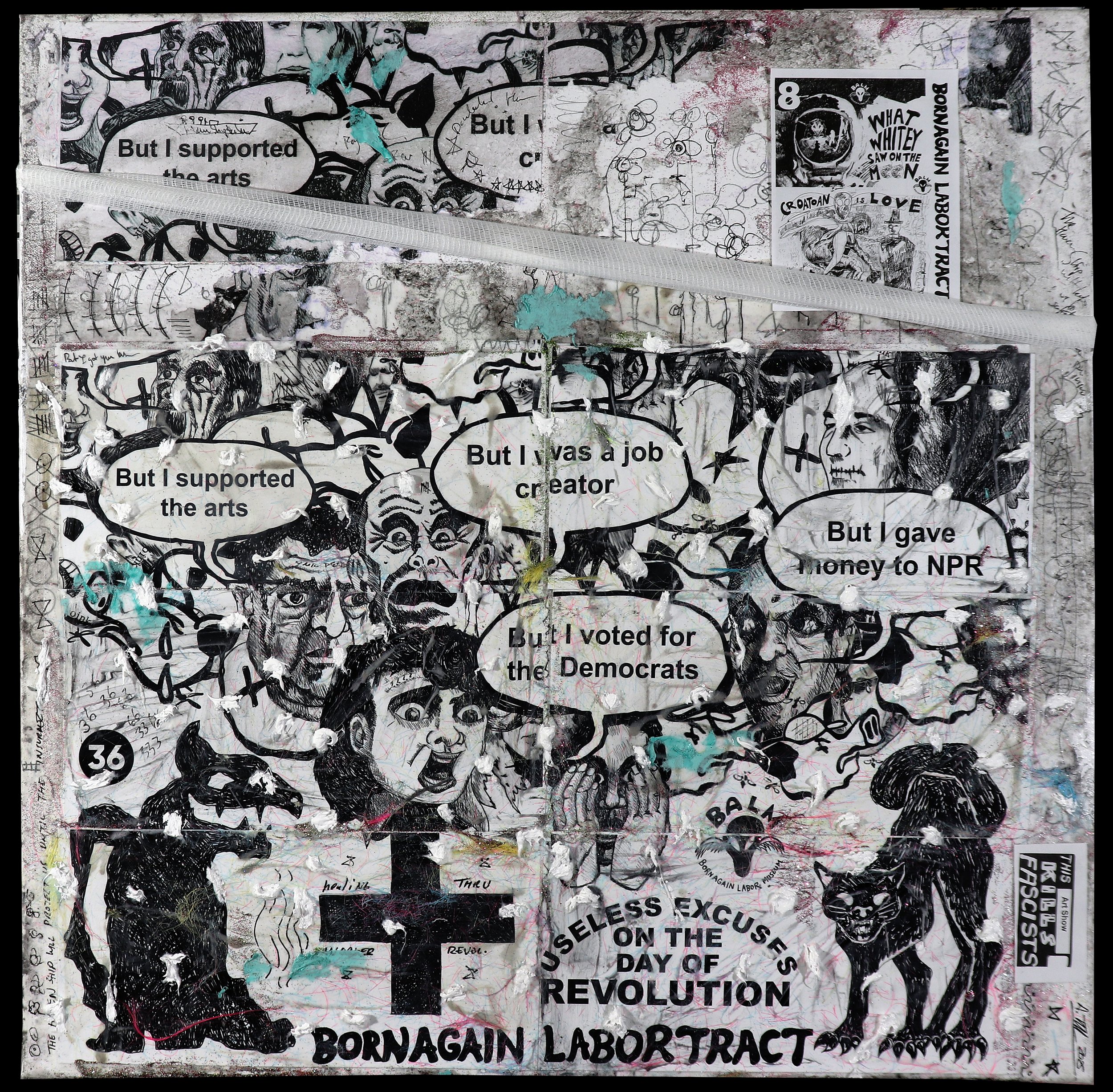 Born Again Labor Tract 36: Useless Excuses On the Day of Revolution (after Jack Chick) - mixed-media collage and painting, coffee and ash on canvas (2025)