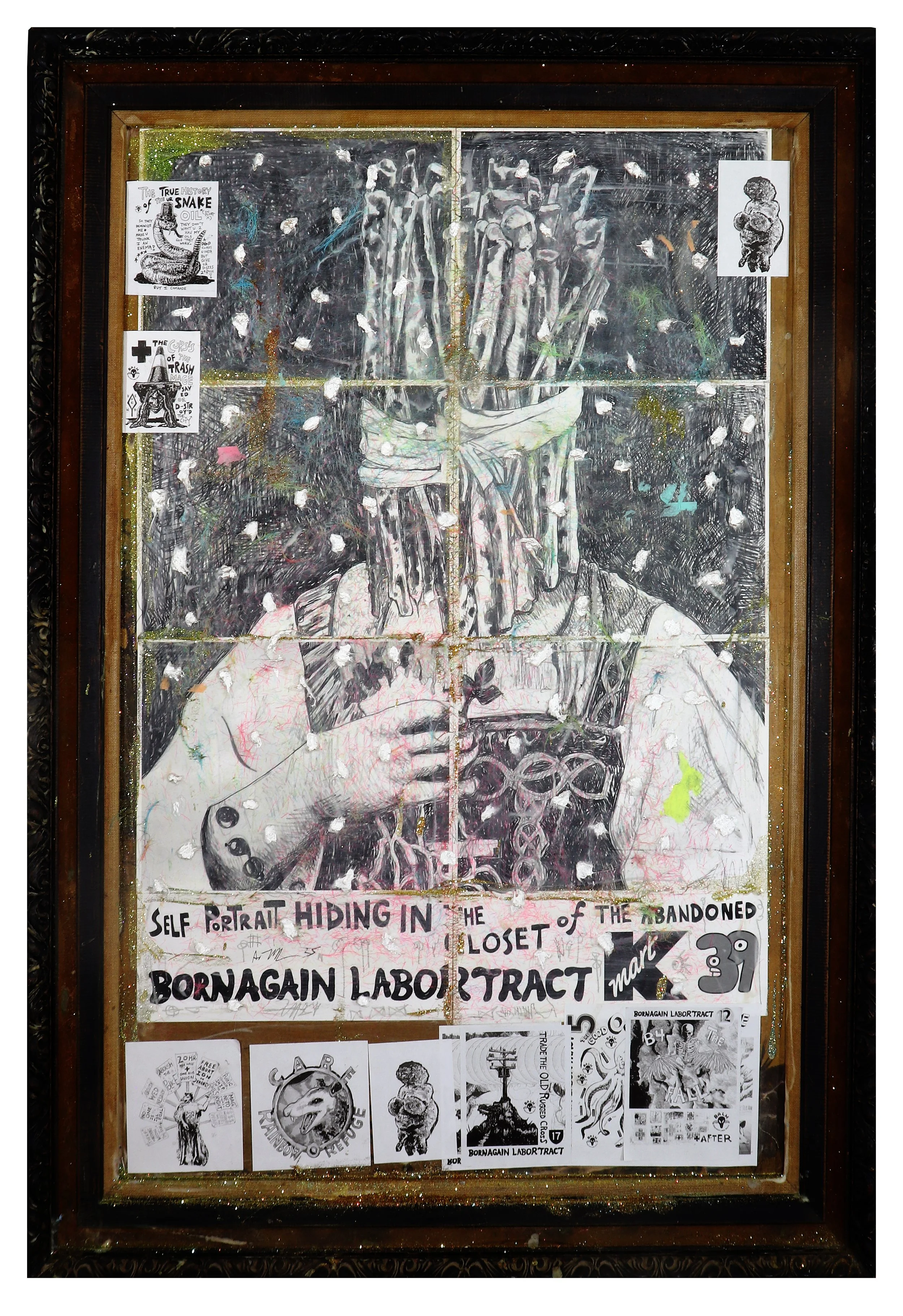 Born Again Labor Tract 39: Self-Portrait in the Closet of the Abandoned K-Mart - mixed-media collage and painting, with cotton and ash on salvaged thrift-store painting (2025)
