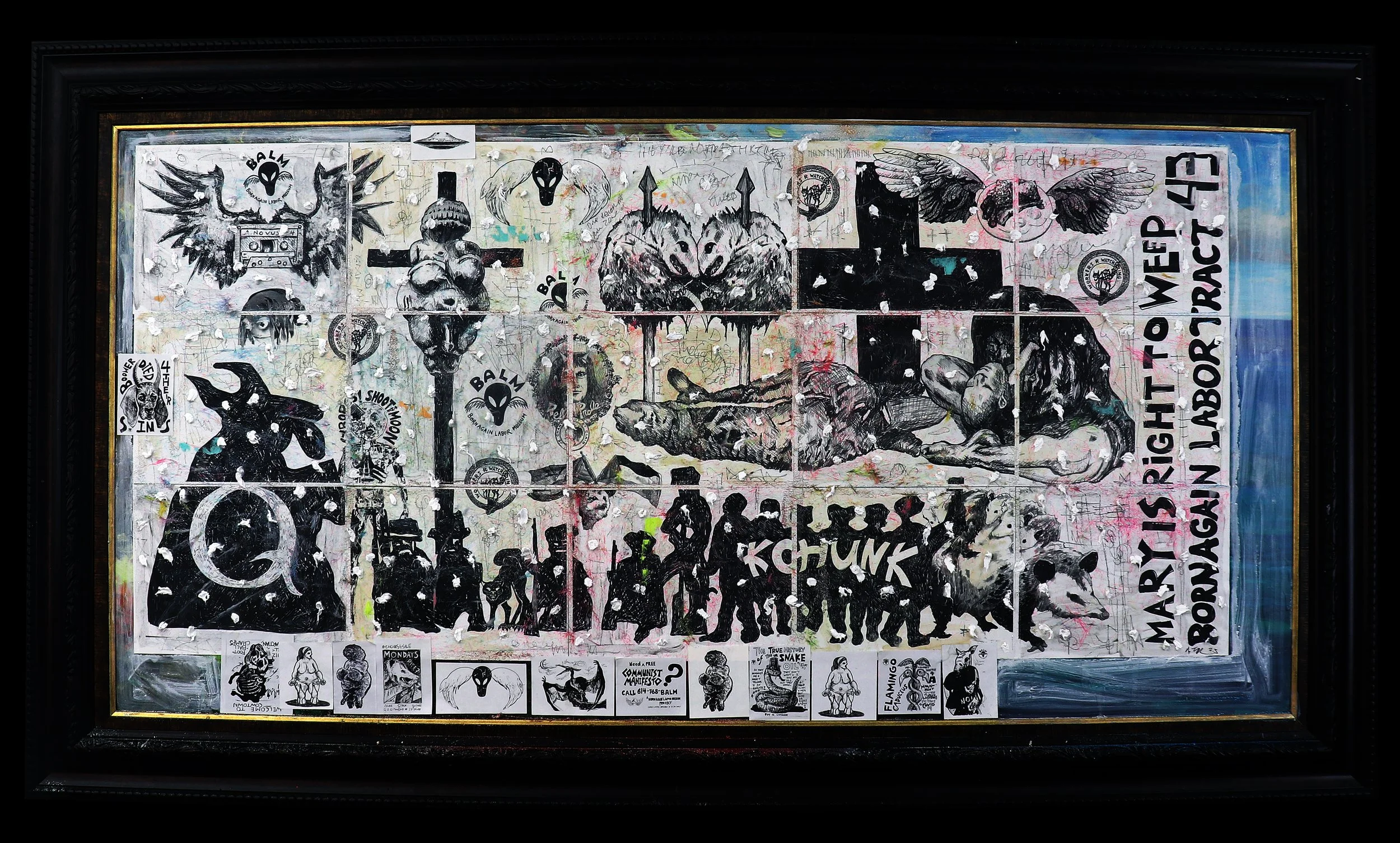 Born Again Labor Tract 43: Mary's Right to Weep - mixed media collage and painting on salvaged "thrift-store painting,” with cotton and ash (2025)