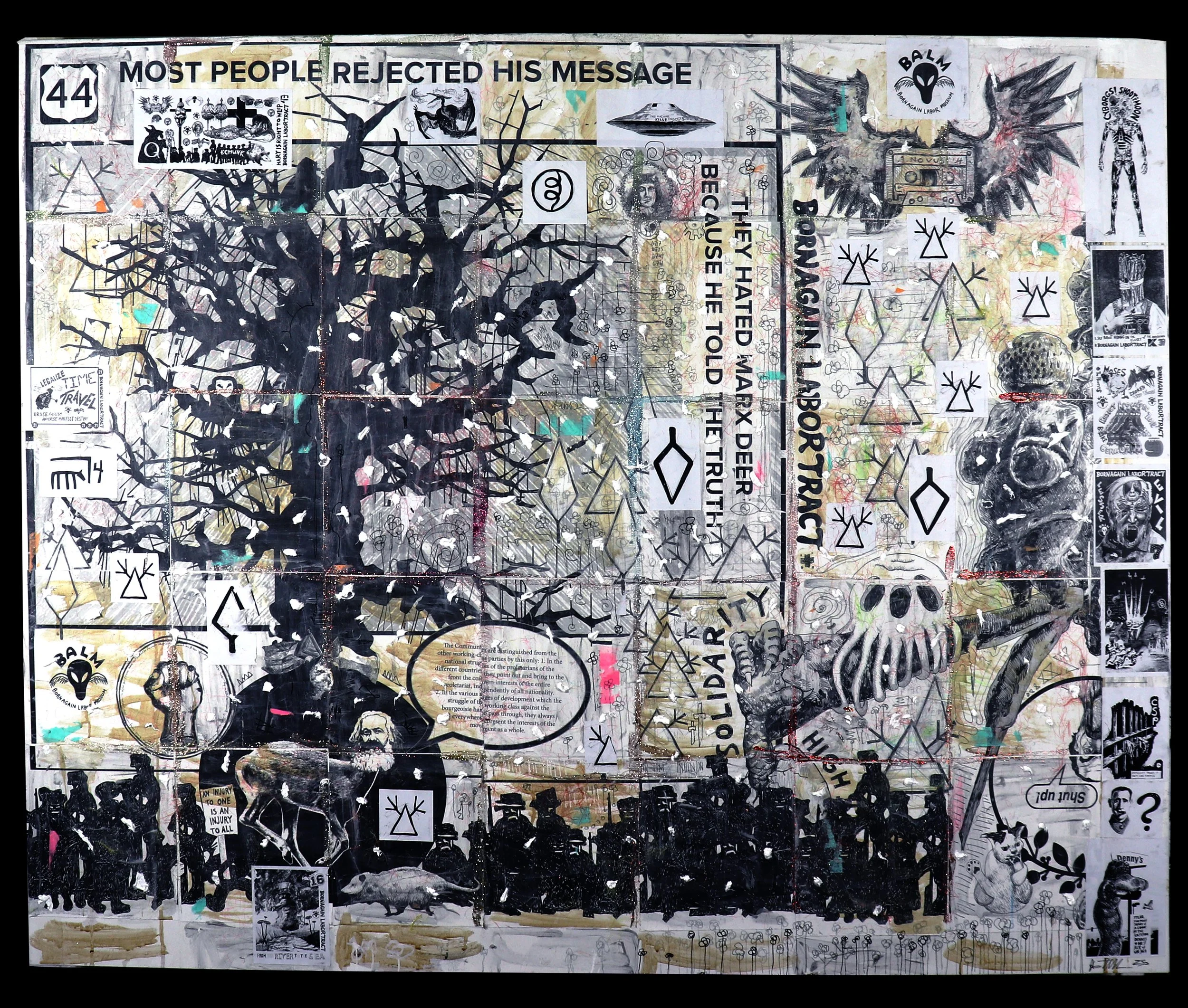 Born Again Labor Tract 44: Marx Deer - mixed-media collage and painting, with cotton and ash on canvas (2025)