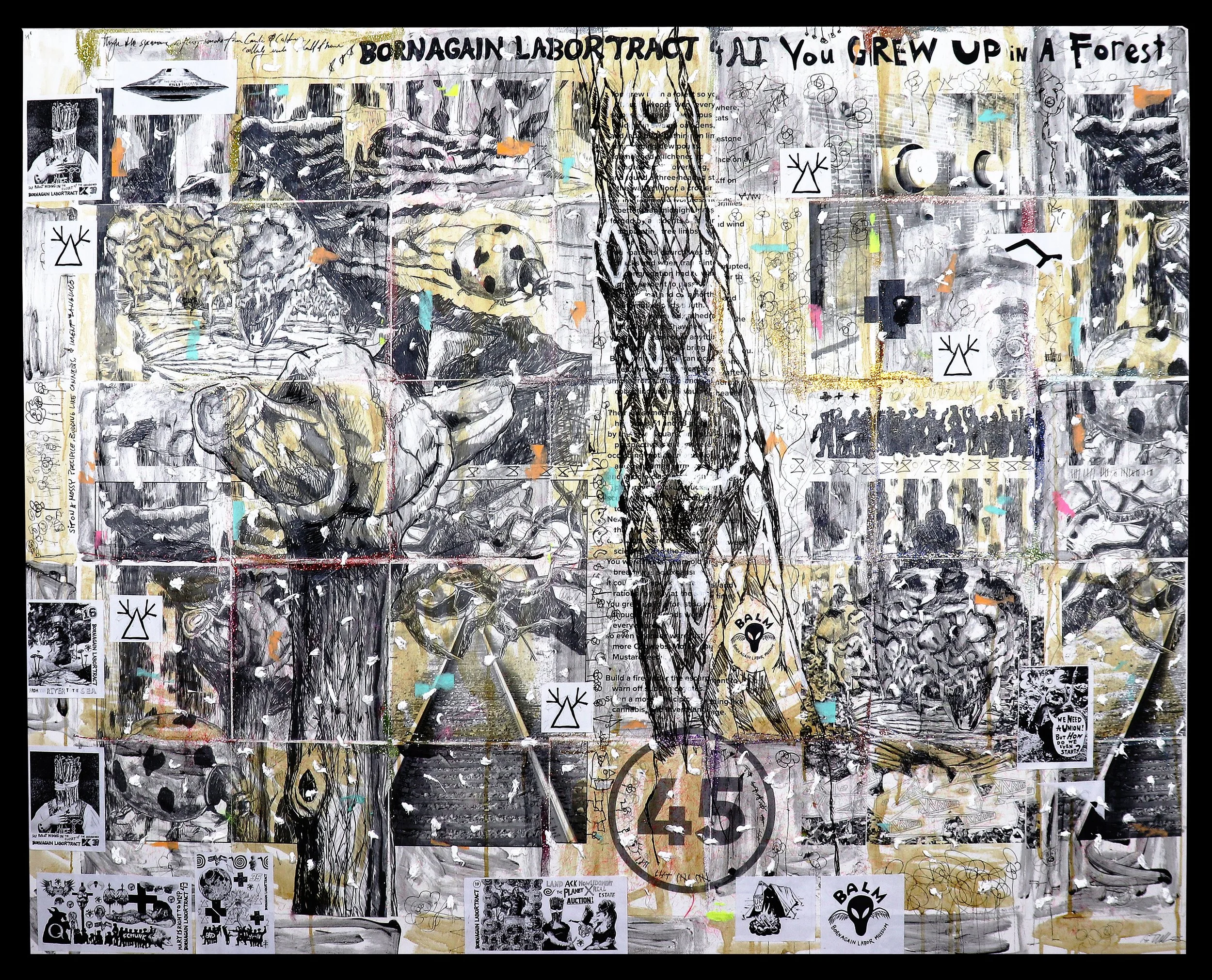 Born Again Labor Tract 45: You Grew Up in a Forest - mixed-media collage and painting with cotton and ash (2025)