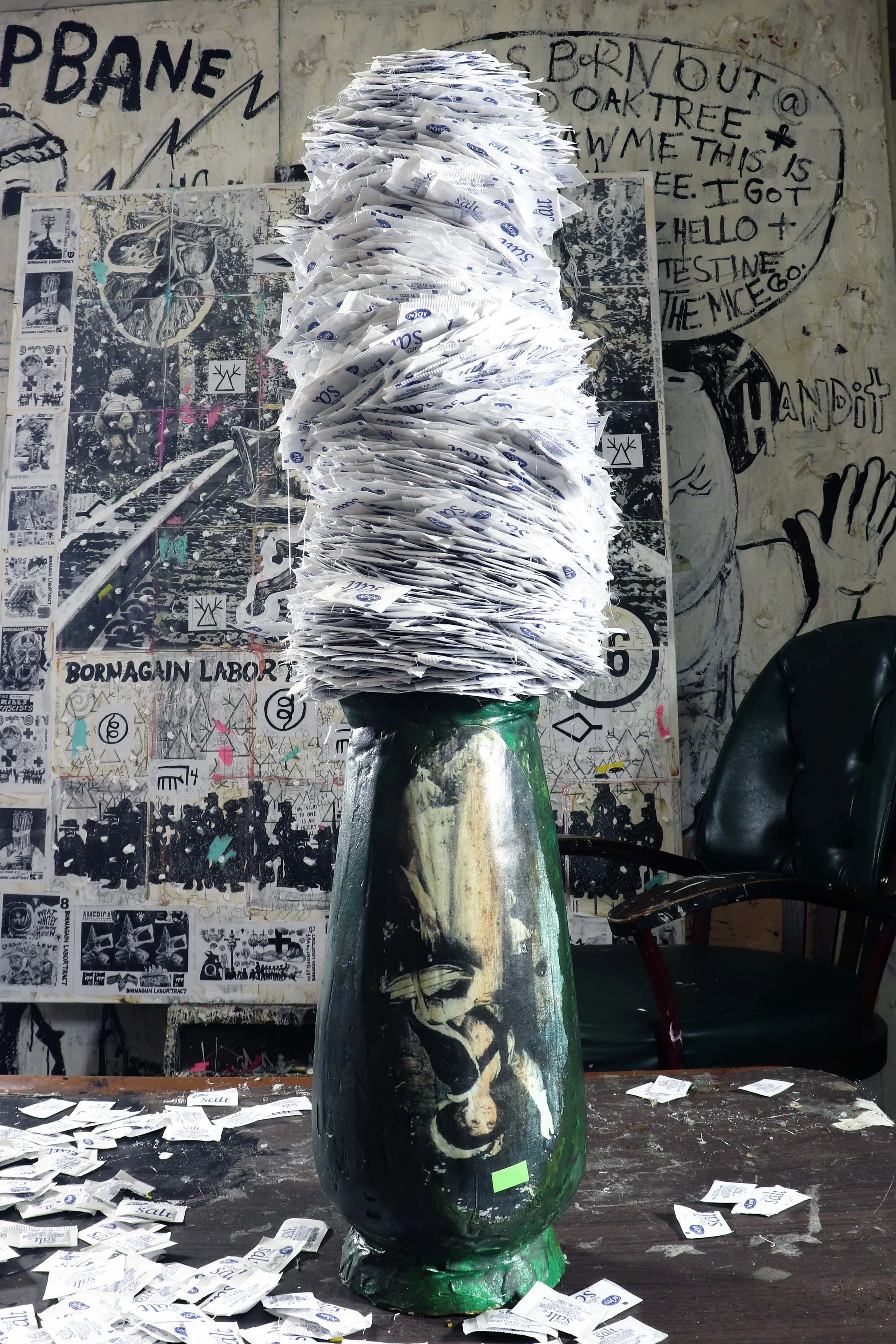 Carrols Parking Lot's Wife - salt packets, foam core, glue, salvaged thrift store decoupage vase (2025)