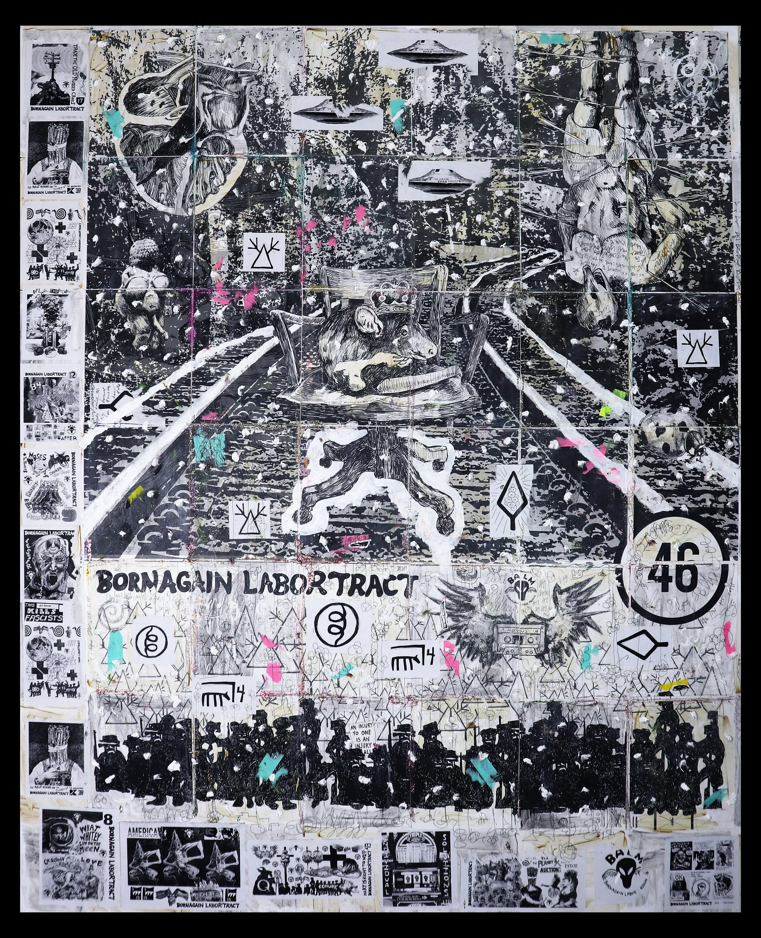 Born Again Labor Tract 46 - Selling Out - Mixed-media painting and collage with cotton and ash on canvas (2025)