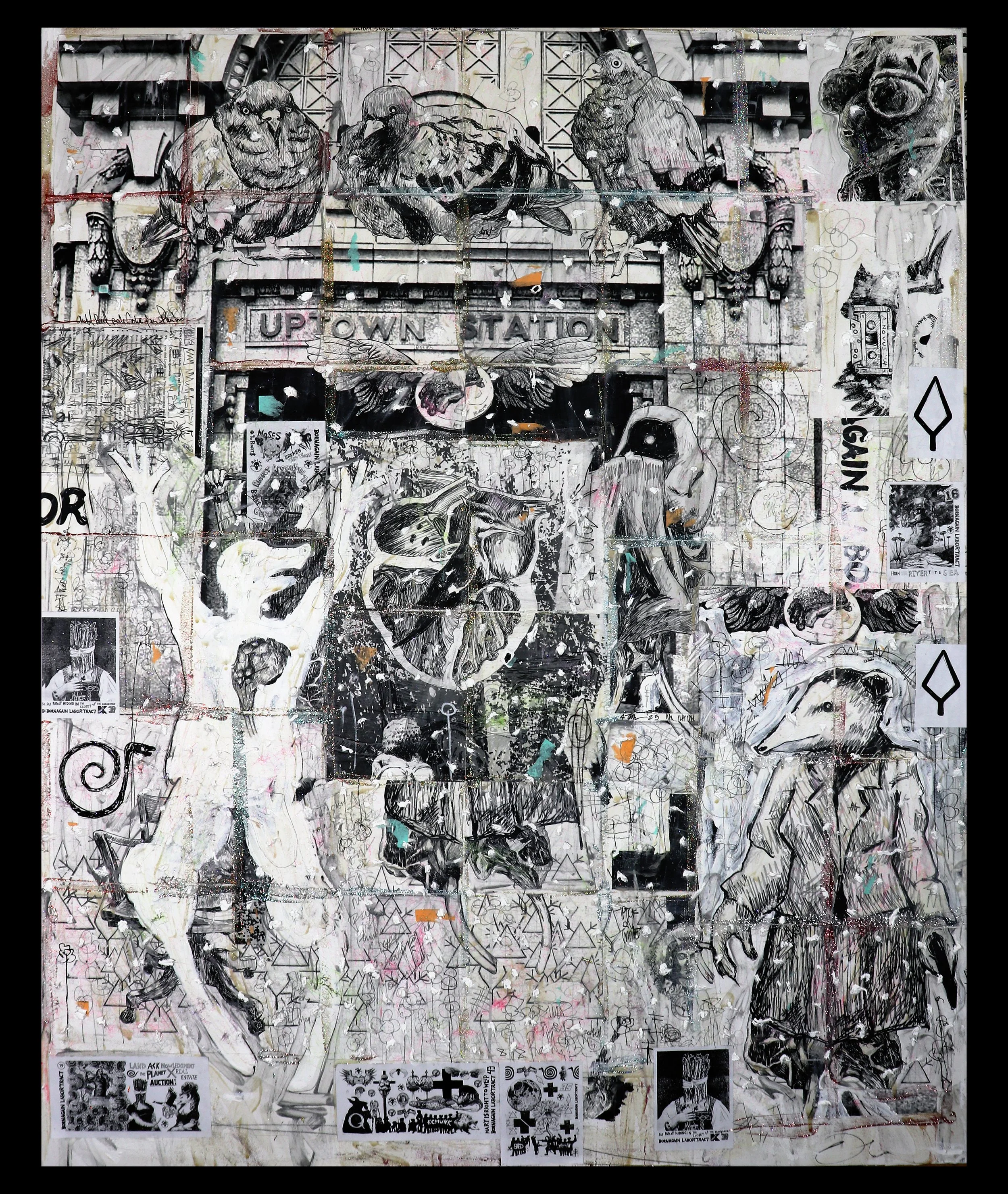 Born Again Labor Tract 47: Uptown Bones - mixed-media collage and painting, cotton and ash on canvas (2025)
