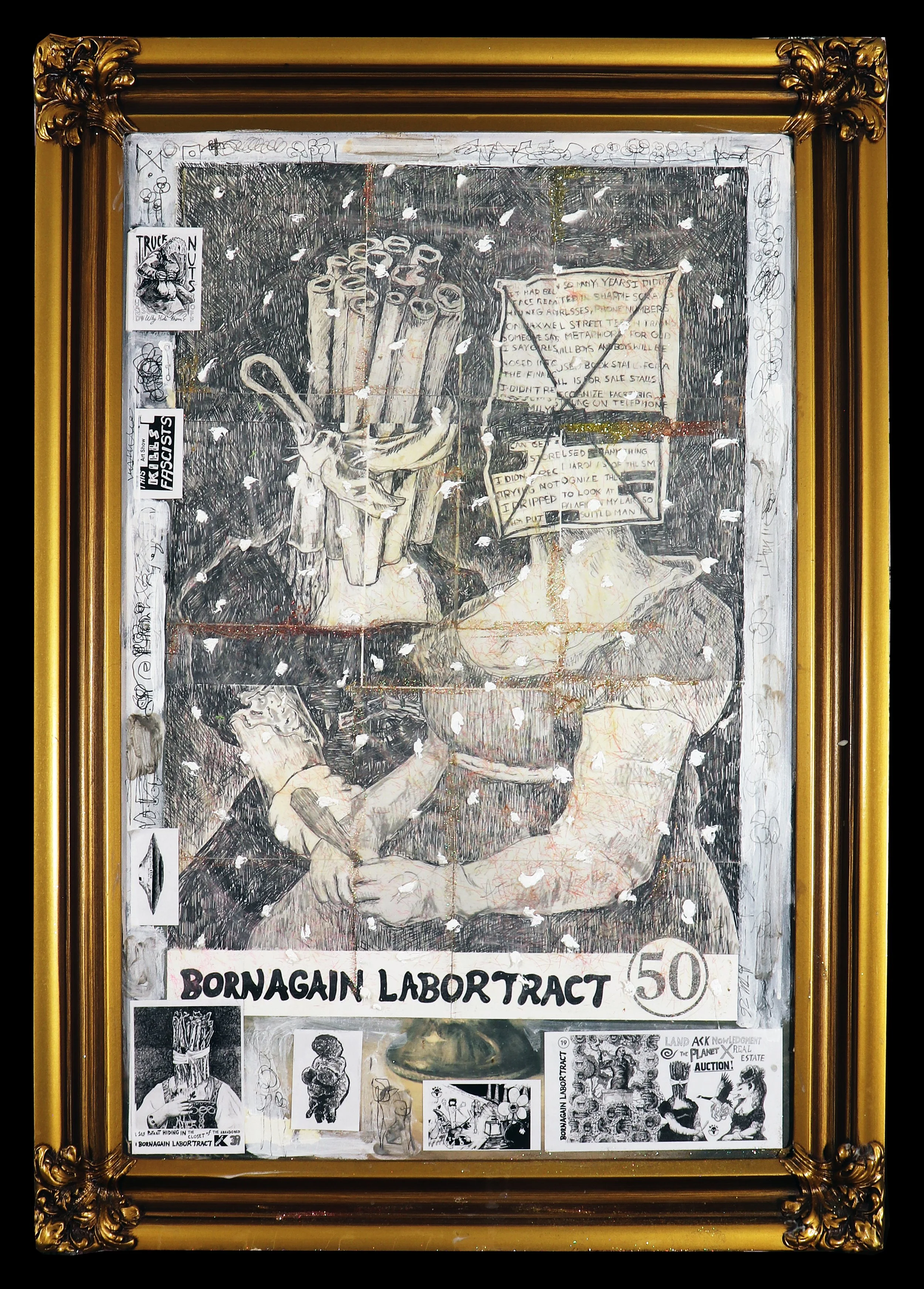 Born Again Labor Tract 50: Self-Portrait with Redacted Atrocity #1 - mixed-media collage and painting, with cotton and ash on salvaged thrift store painting (2026)