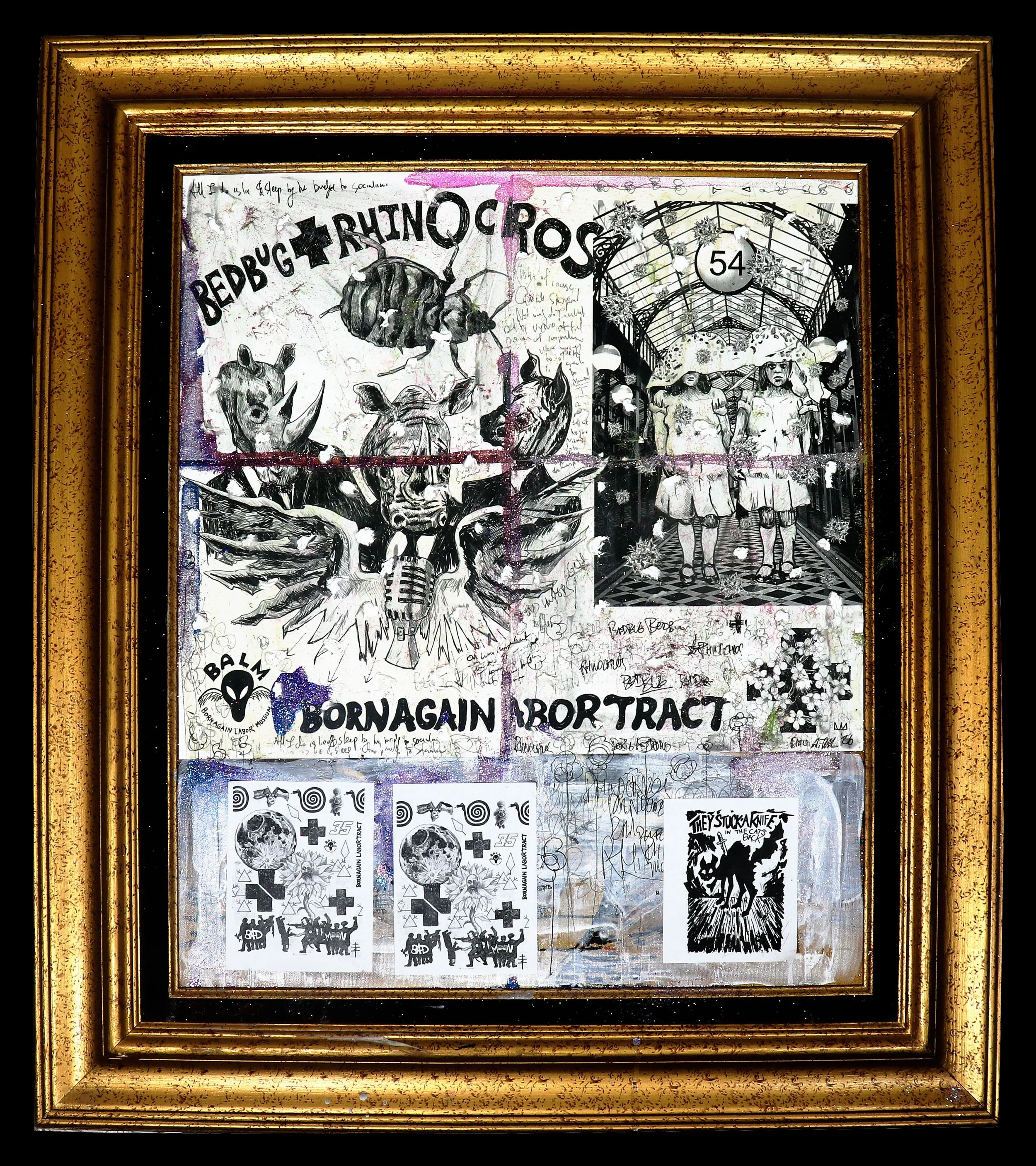 Born Again Labor Tract 54: Bedbug + Rhinoceros - mixed-media collage and painting, cotton and ash on salvaged "thrift store painting" (2026)