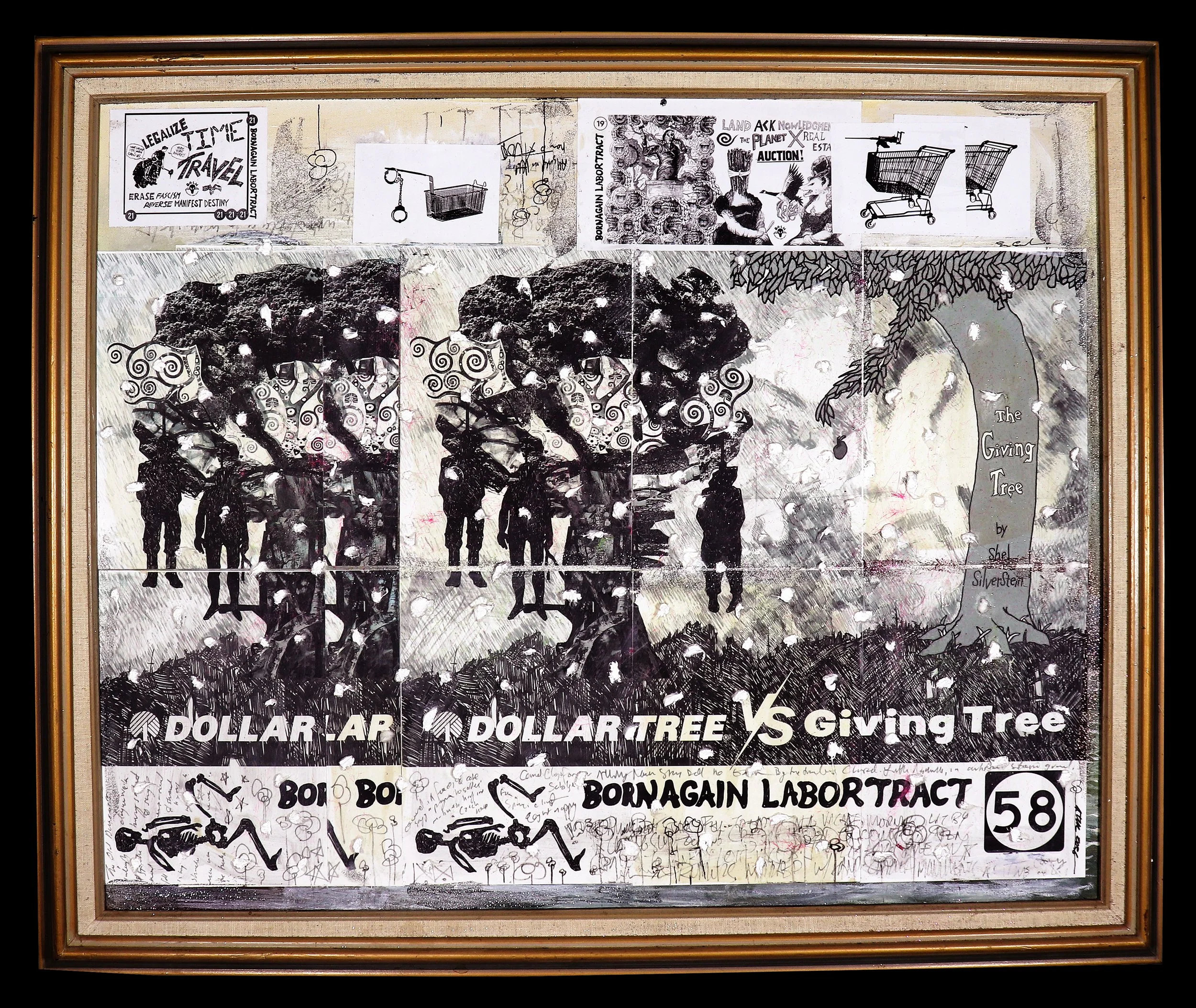 Born Again Labor Tract 58: Dollar Tree vs. Giving Tree - mixed-media collage and painting, cotton and ash on salvaged thrift store painting (2026)