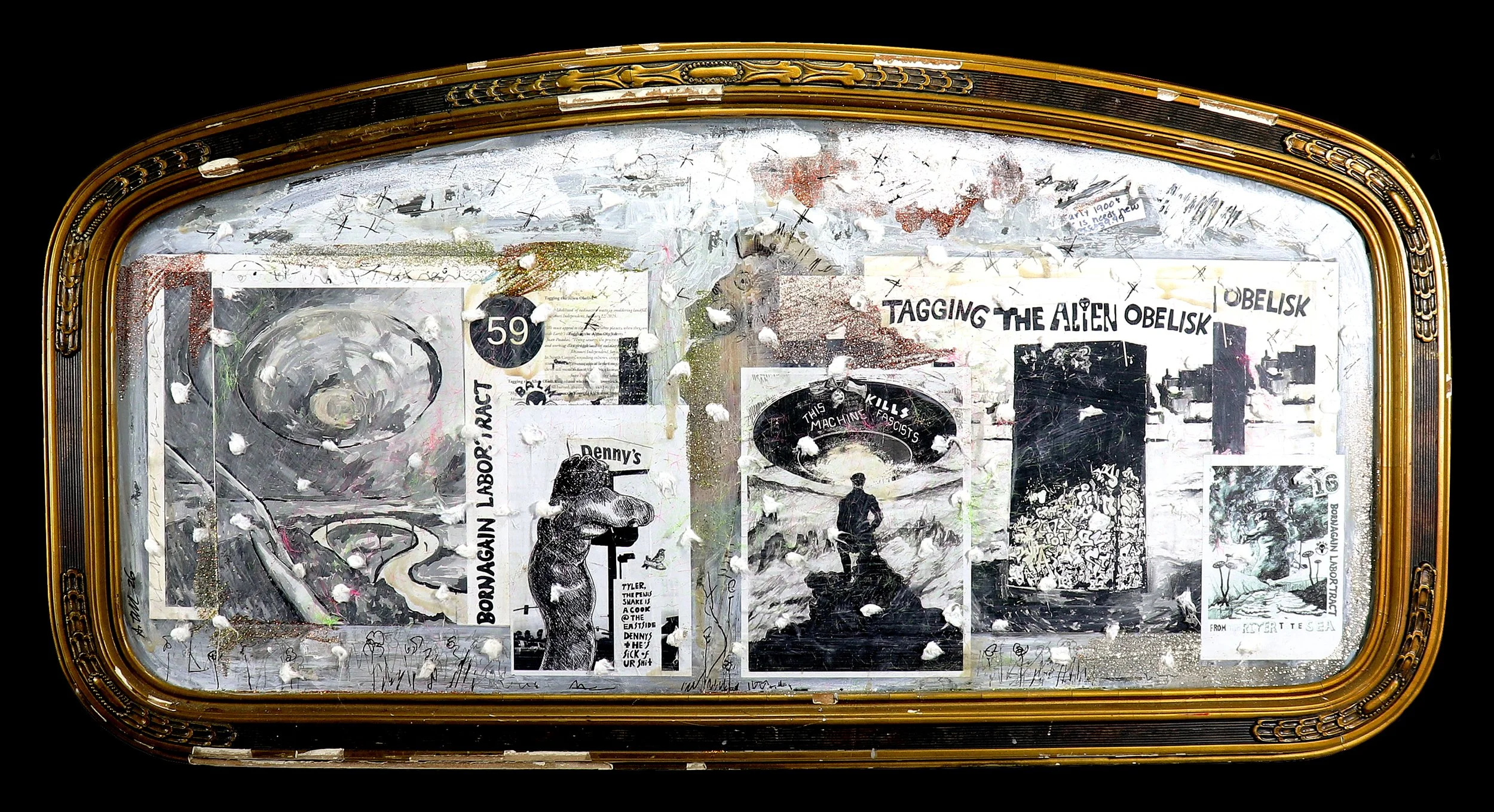 Born Again Labor Tract 59: Tagging the Alien Obelisk (Oxbow) - mixed-media collage and painting, cotton and ash on canvas (2026)