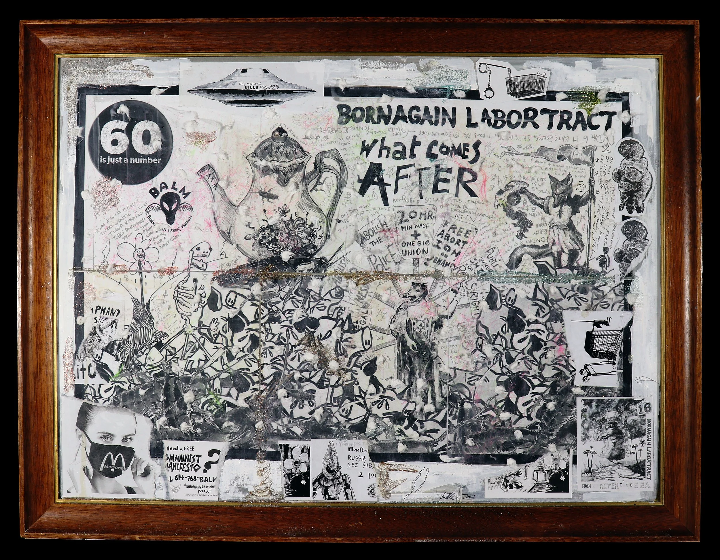 Born Again Labor Tract 60: What Comes After- mixed-media collage and painting, cotton and ash on salved "thrift store painting" (20260