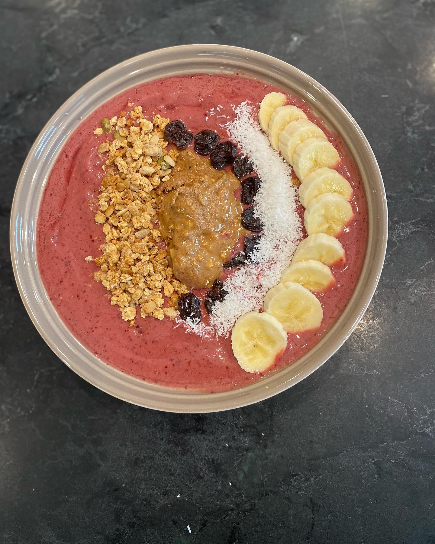 Todays smoothie bowl is all about the cherry.  Yum! Topped today with almond butter, granola, dried cherries banana and coconut.
#smoothiebowl #cherry #easytomake