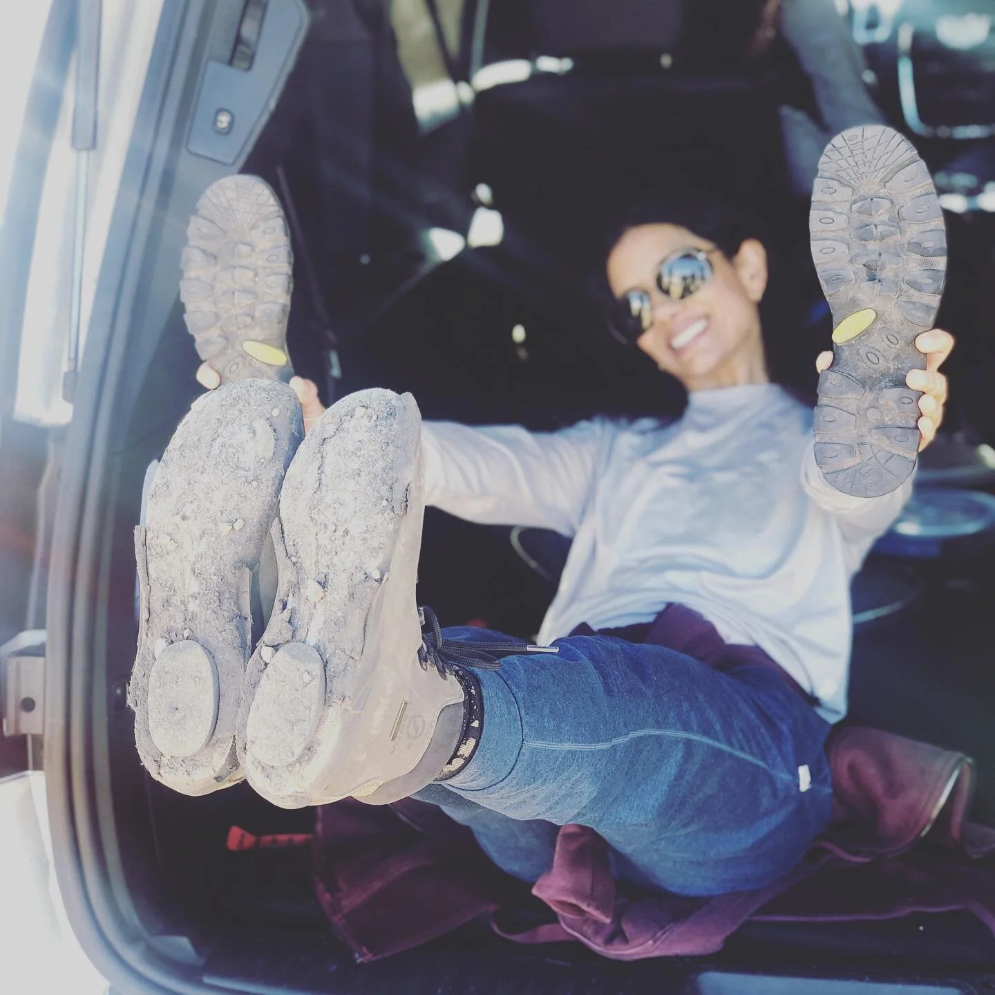 Note to self: Don&rsquo;t wear an OLD pair of hiking boots to ring in the NEW year! 

Lost my soles, but not my soul. Staying positive for 2021. 

#boatpose 
#navasana
#boatposeinacar