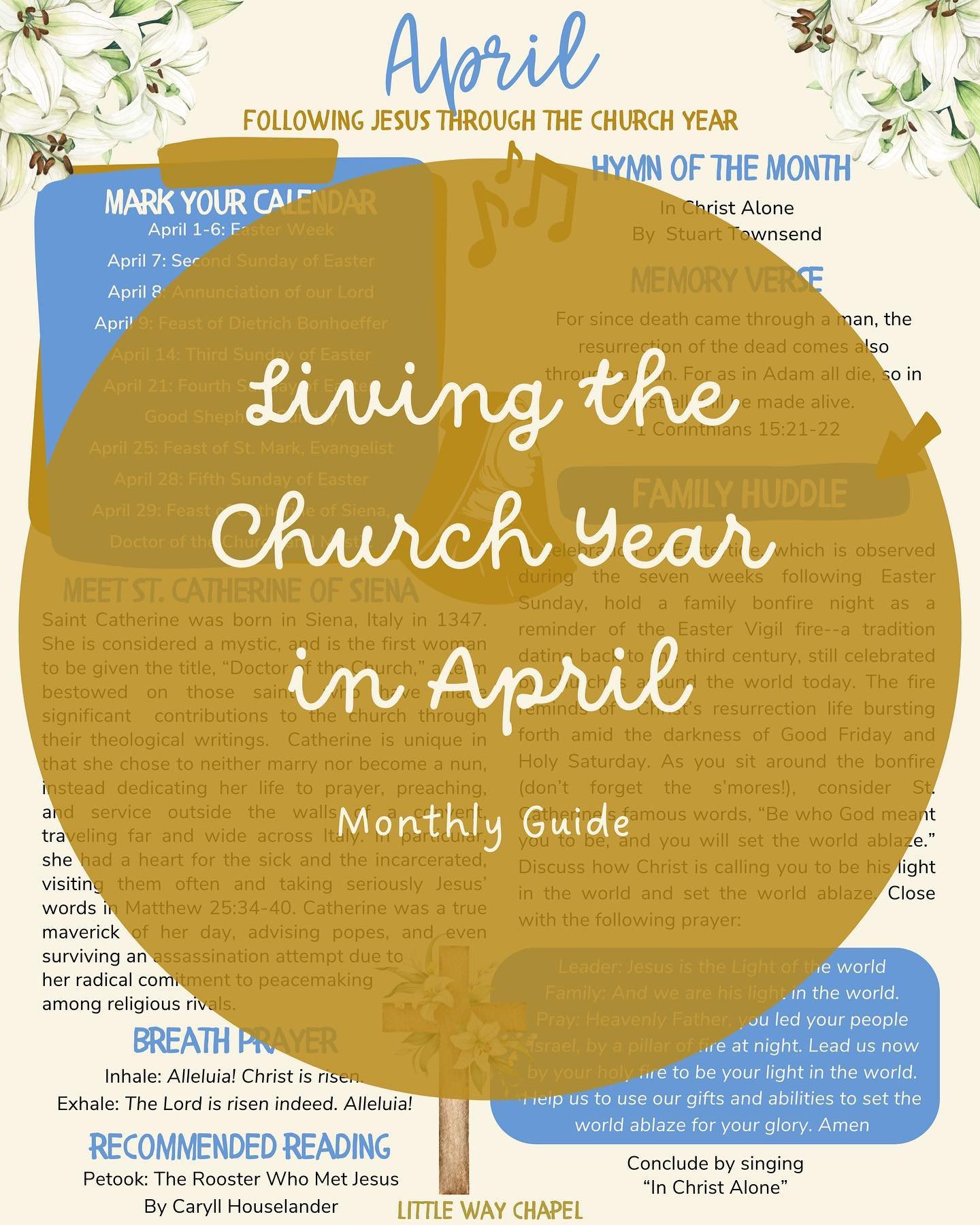 Don&rsquo;t forget to print your April Living the Church Year Guide! To celebrate Eastertide, we&rsquo;re offering a free one-month subscription to Little Way Chapel, which includes these monthly guides and so much more&hellip;Let me know below if yo