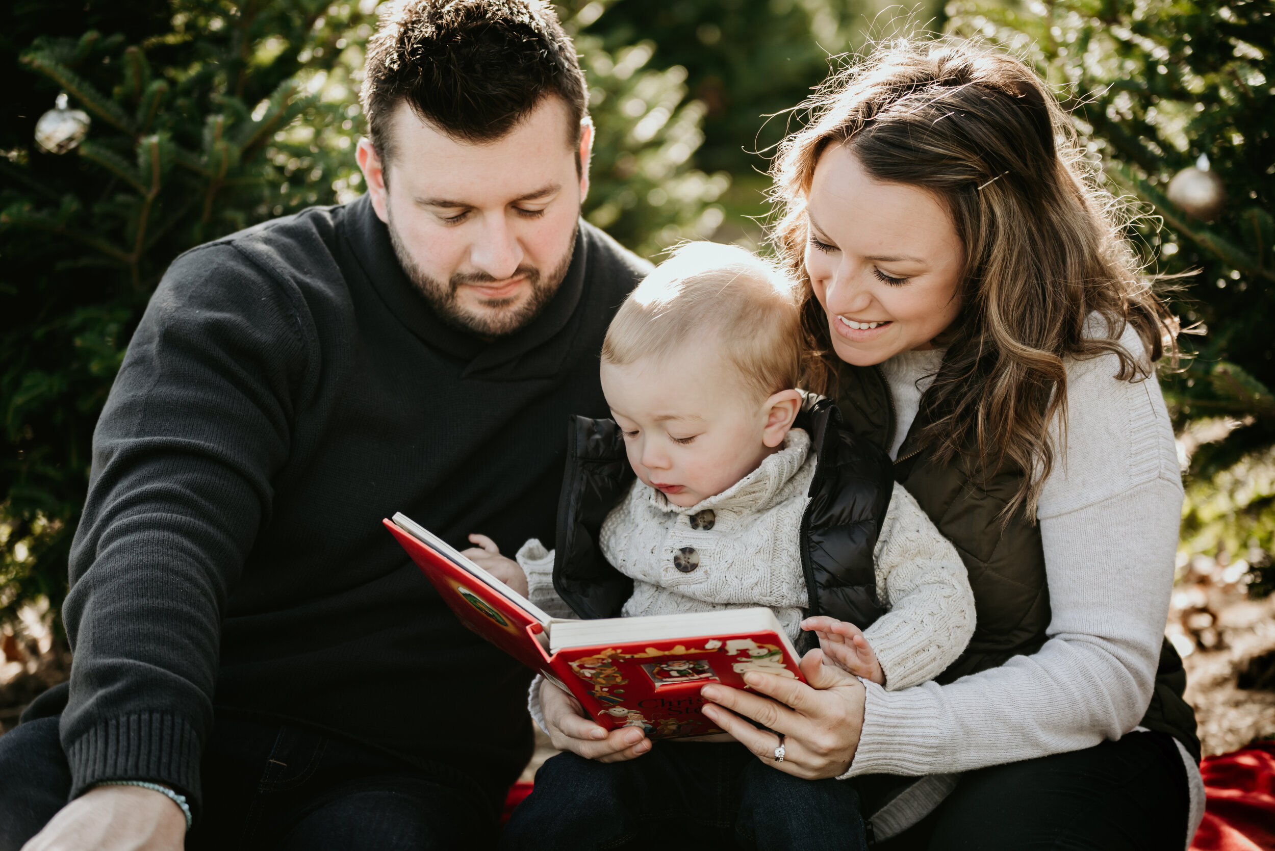  Parents reading a Christmas book to their little boy.  Christmas Mini Session. 