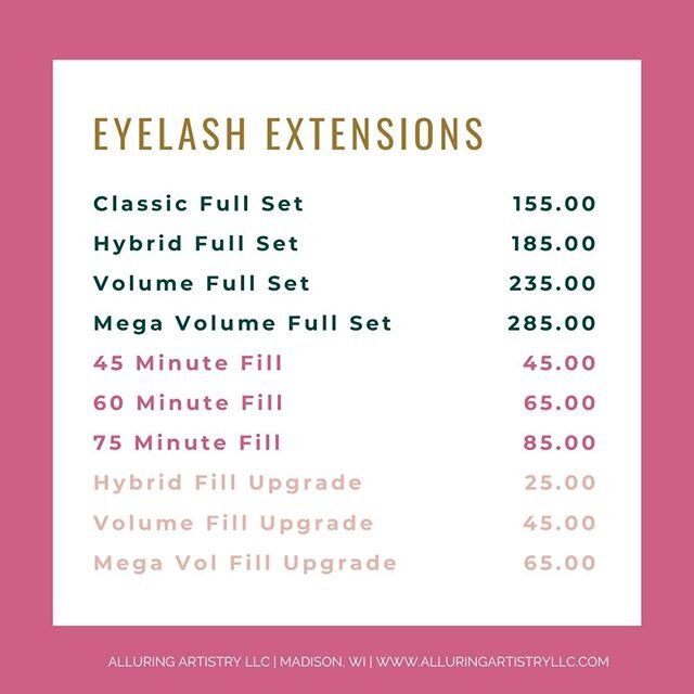 Eyelash Extension Menu!!! See our website for a full gallery of current work! .
.
https://www.alluringartistryllc.com/new-gallery