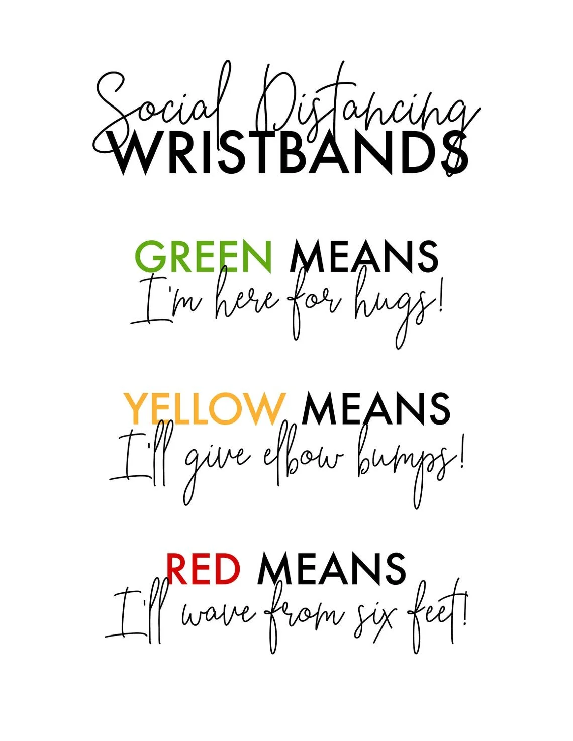 Sign for colored wrist bands regarding social distancing comfort