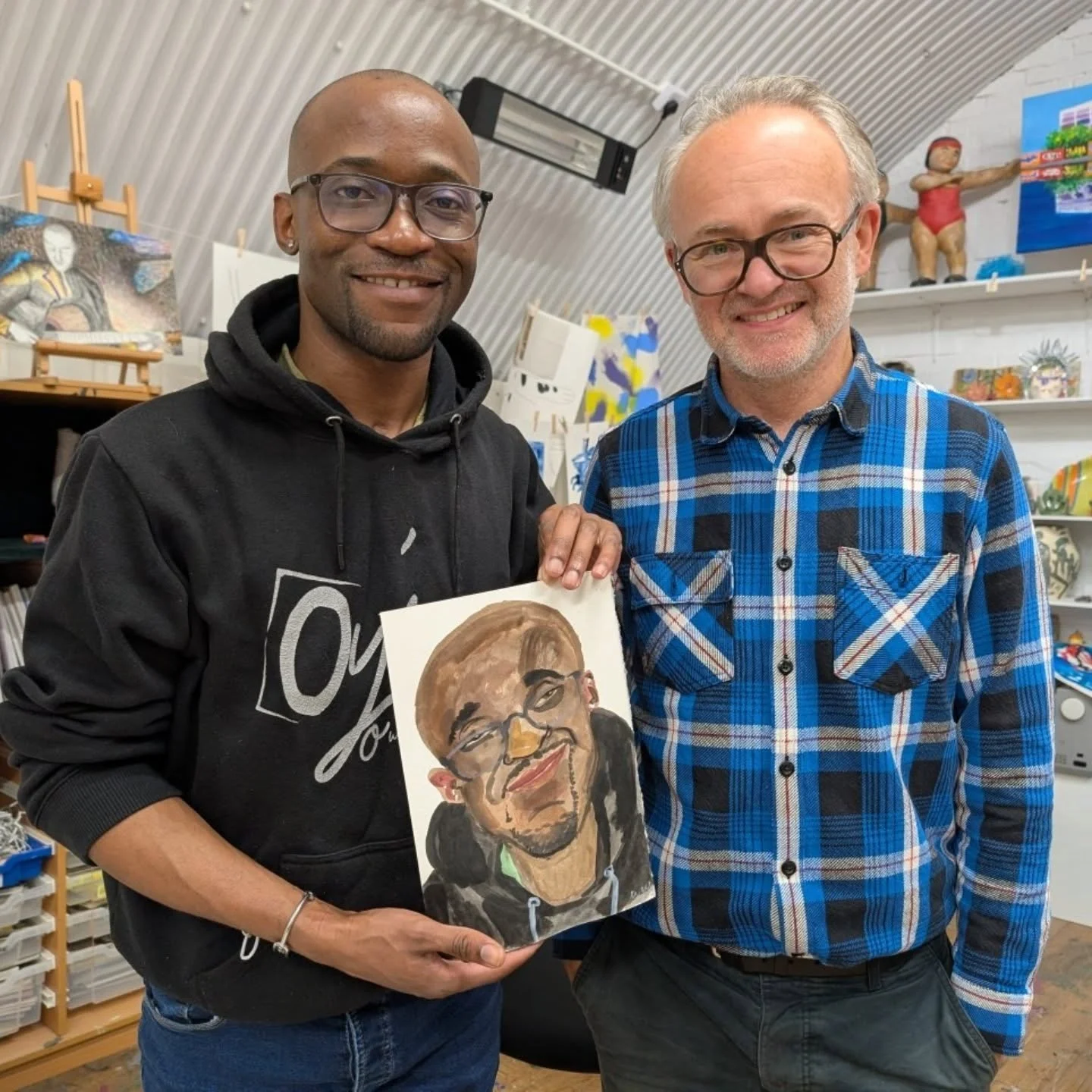 What a fantastic day having @wilfridwoodsculptor in the studio! The artists loved having their portraits painted, and Sam had a great time drawing Wilfrid&rsquo;s portrait. 🎨
Watch this space to see Sam&rsquo;s finished piece &mdash; coming soon! 👀