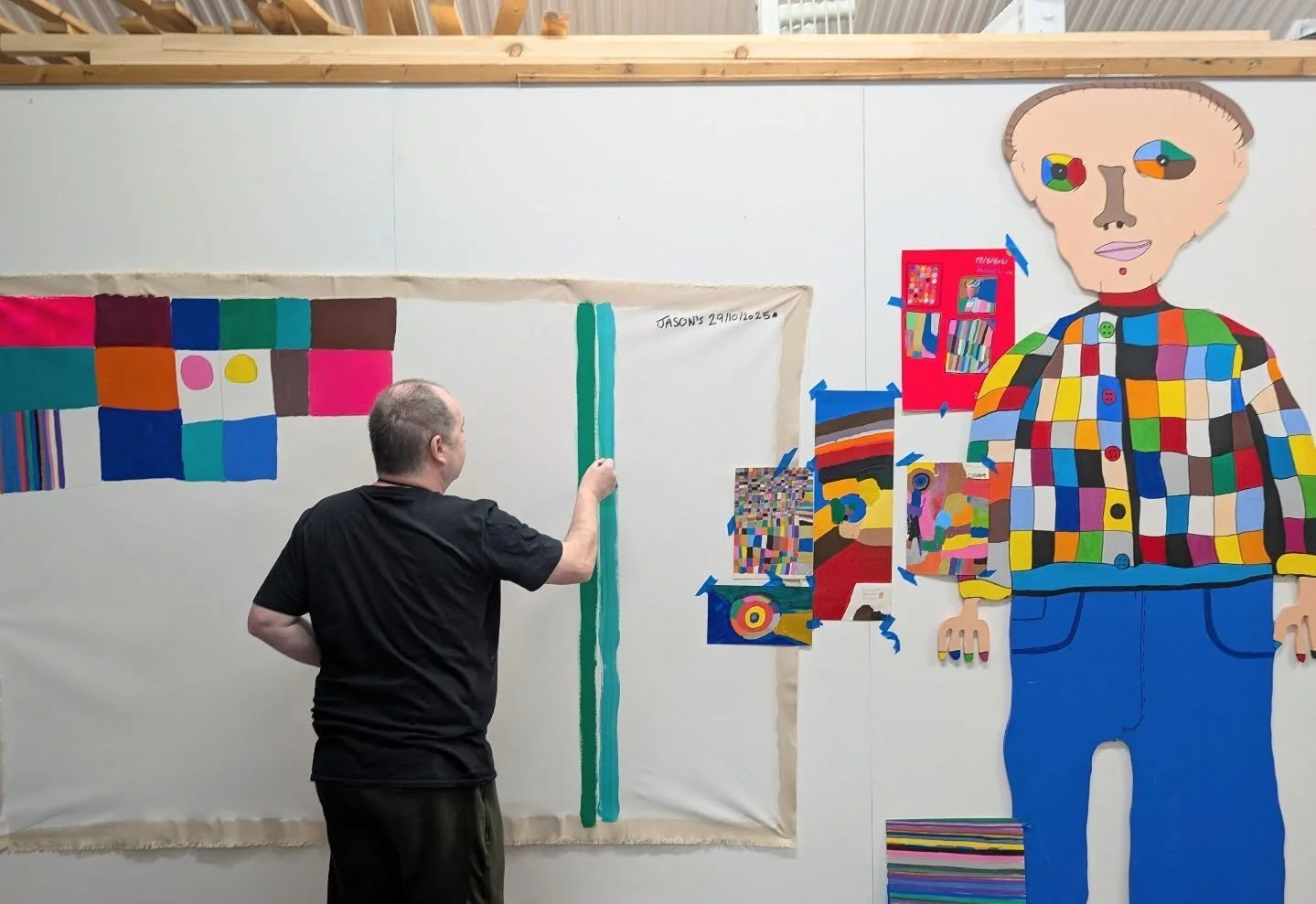 🎨We are really excited that Jason now attends STL studio two days a week- he is off to an incredible start. Todays piece features his signature vibrant colours and bold shapes&mdash; inspired by some of his smaller works. Can&rsquo;t wait to see how