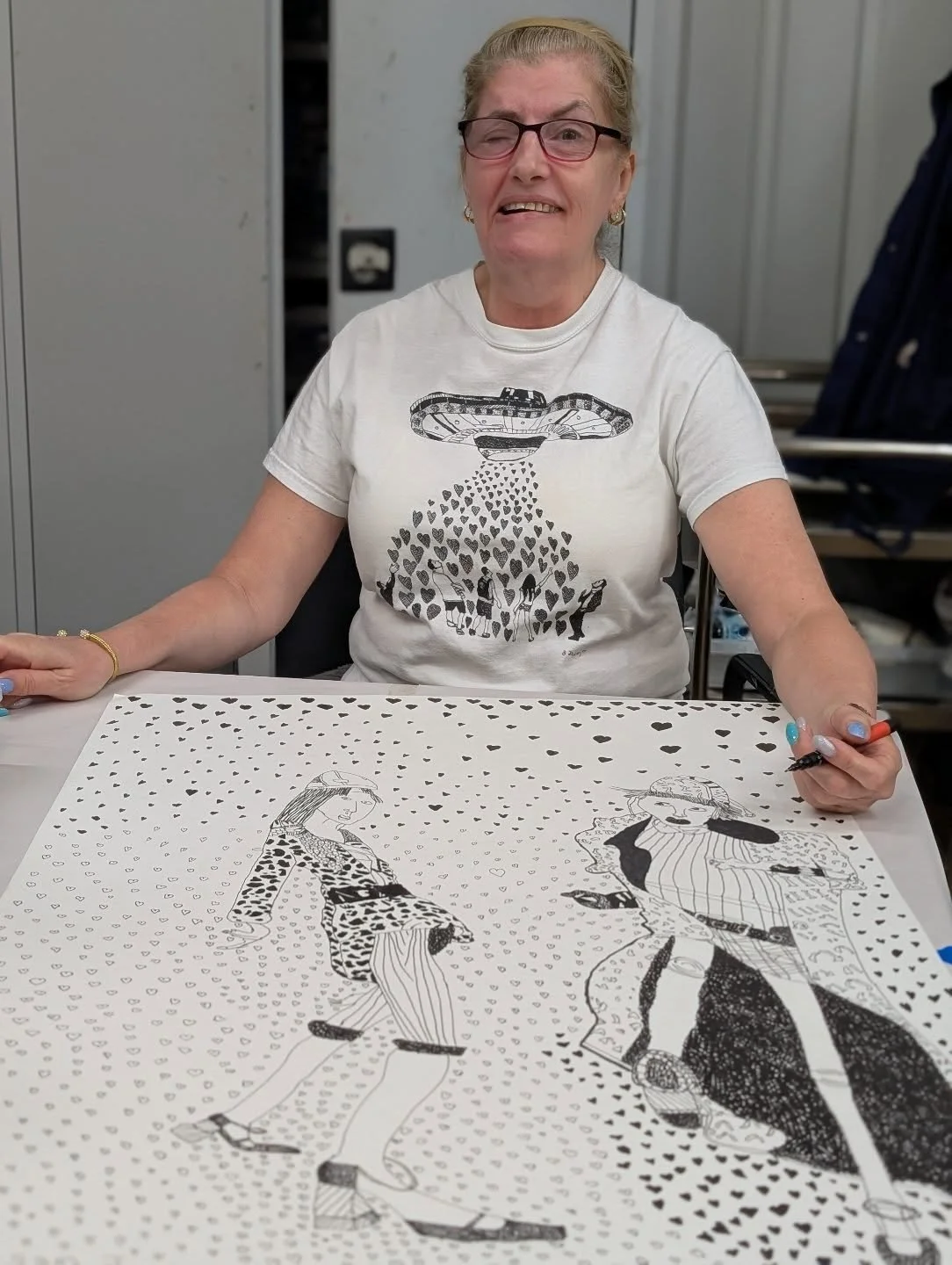 Lovely Ladies Going Raving&rdquo; 

More than just the two figures on the page &mdash; the whole studio was caught up in the moment as we danced and sang.
Sam hitting those high notes to I  Feel Love&hellip; absolute magic 💖