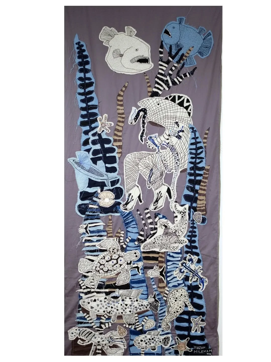 &ldquo;Oceans Within a Body&rdquo; by Tirzah is a 3m high embroidered wall hanging inspired by her drawing When Women and Fish Rule the World. Expanding on that surreal landscape, a woman rides a whale, fish wear heels, and giant Angler fish loom rea