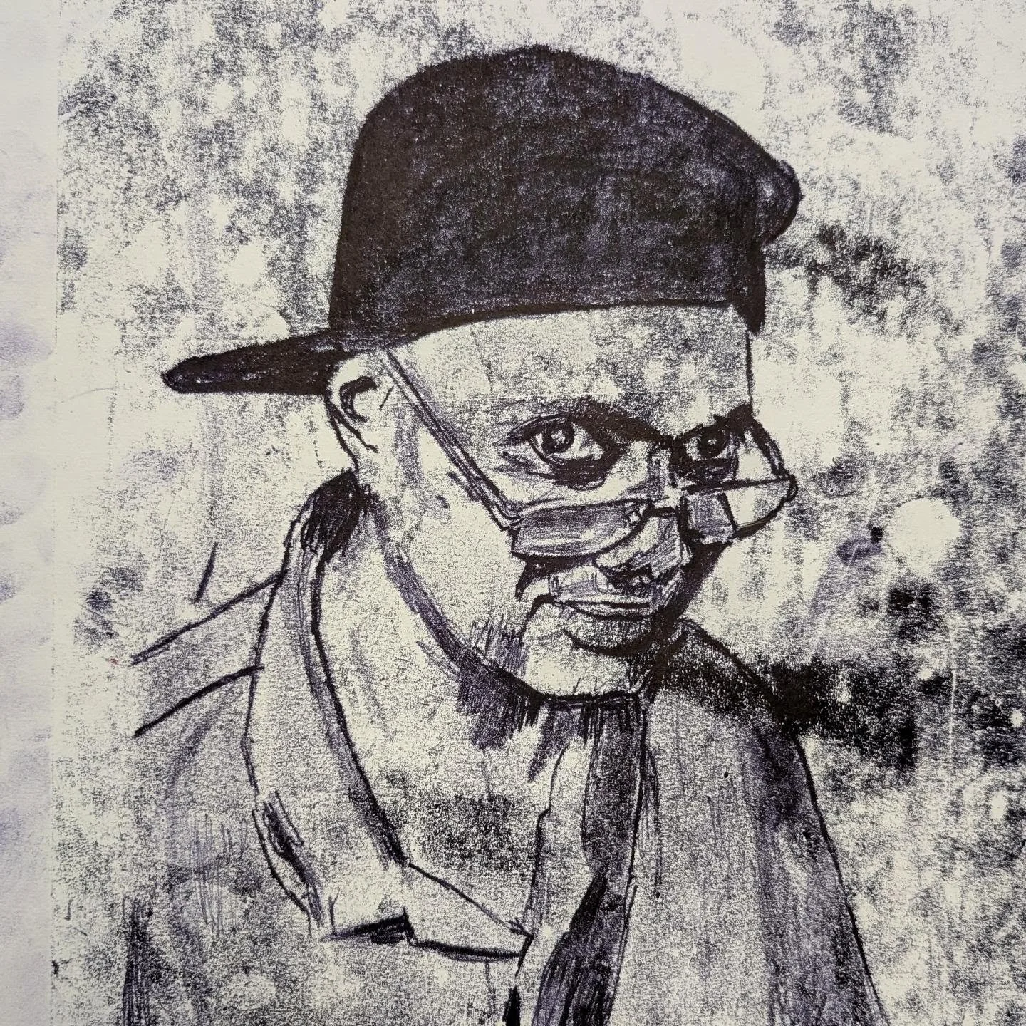 Ken spends time in the studio studying the artists, observing their gestures and the quiet moments within their practice. In this monoprint, he captures Trevor taking a brief glance up from his cowboy embroidery.