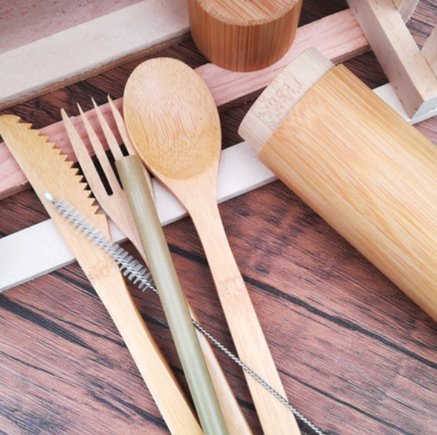 Bamboo tube with cutlery, chopsticks, straw + cleaner — Pura Vida