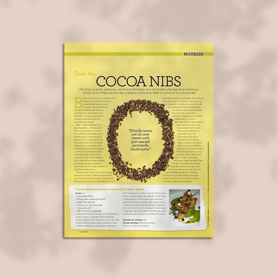 🍫 C O C O A N I B S 🍫 
.
.
.
.
.
Top Sant&eacute; magazine - a health magazine I worked on years ago. My very first feature I designed abs got shot in the studio. Proud day seeing it in print. 
#design #editorial #magazine #studio #shoot #concept #