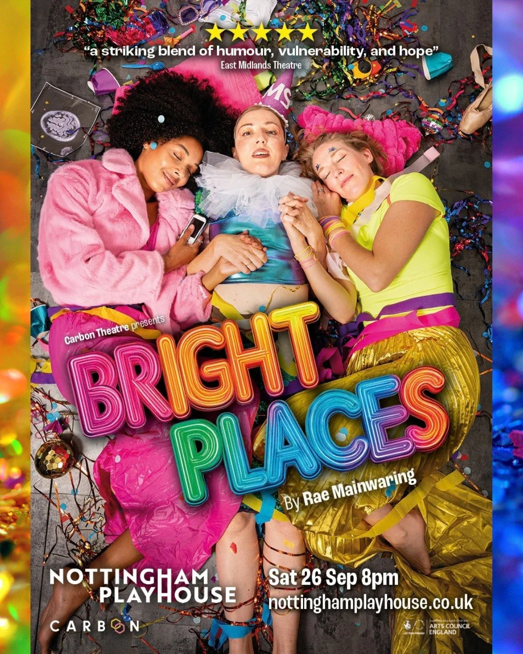 BRIGHT PLACES opens on Saturday night! ✨

Nottingham, we're ready for you! 🪅

Returning by popular demand, Rae Mainwaring's award-winning Bright Places is a three-woman, one-woman show about growing up in the shadow of Multiple Sclerosis (MS for sho