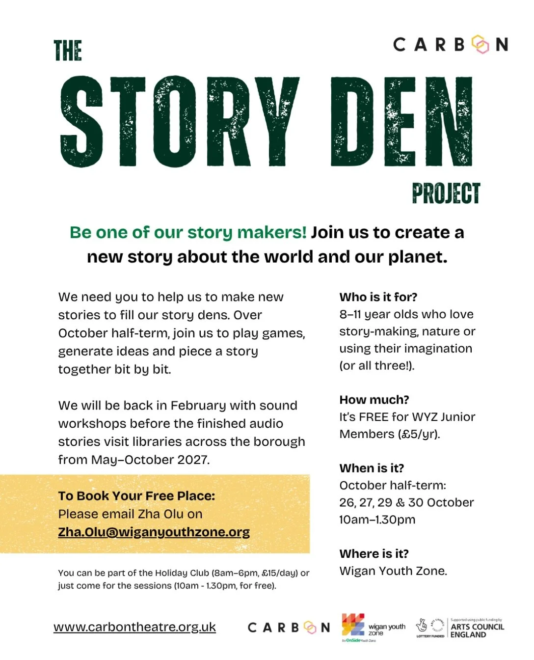 Looking for some free half term activity in #wigan? Join us for our story making sessions at @wiganyz as part of The Story Den Project. 

Make a story with us that will then be shared in our story dens across @wigan_libraries next year 🤩

Any questi