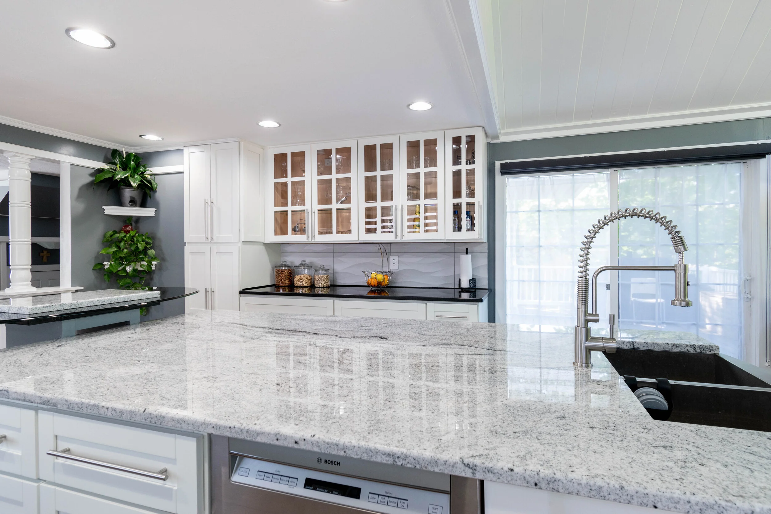 Island Material: Viscount White Thickness, Finish & Stone Type: 3CM Polished Granite Edge: 1/4” Bevel Perimeter Material: Absolute Black Thickness, Finish & Stone Type: 3CM Polished Granite Edge: 1/4” Bevel Sink: Client’s sink - Farmer/Apron