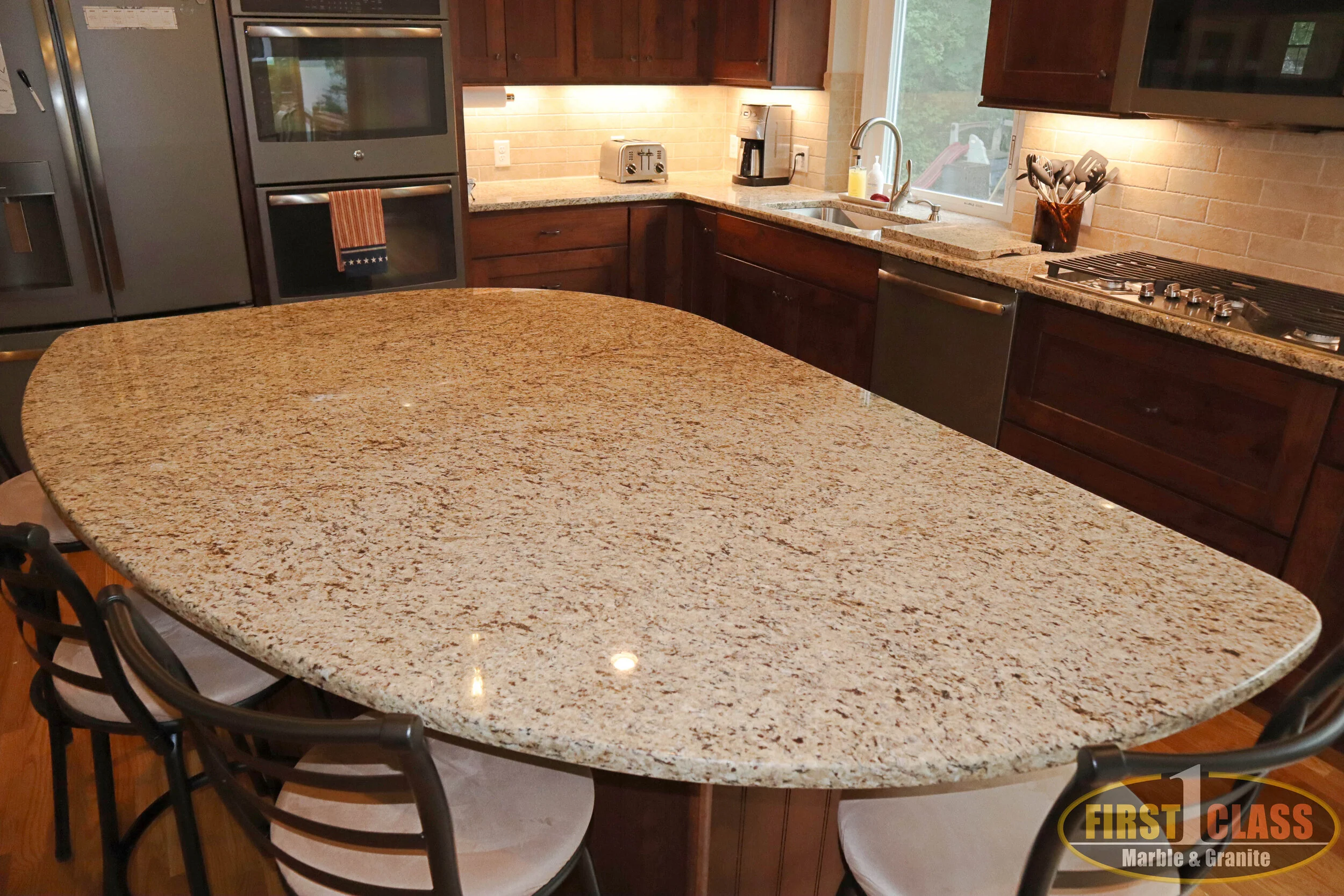 Material: Giallo Ornamental Guidoni Thickness, Finish & Stone Type: 3 CM Polished Granite Edge: 1/4" Radius Sink: Client Sink: Under-Mount