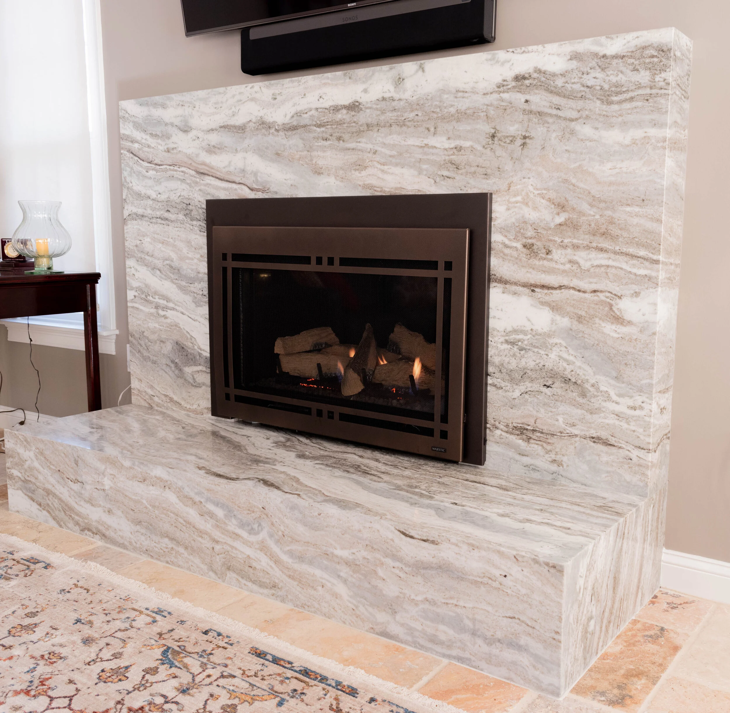 Material: Brown Fantasy Thickness, Finish & Stone Type: 3CM Polished Hard Marble Edge: Mitered