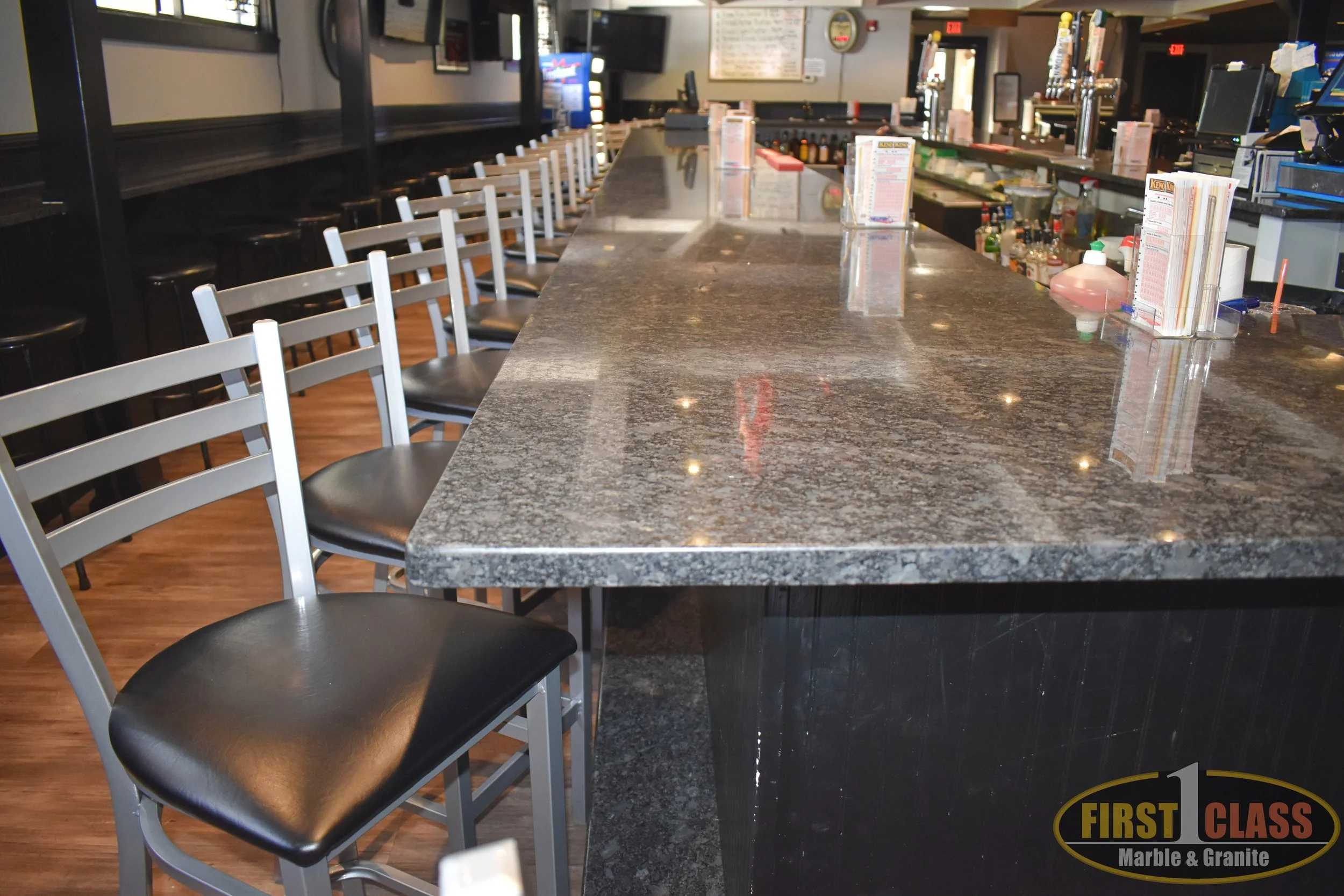 Material: Steel Grey Thickness, Finish & Stone Type: 3CM Polished Granite Edge: Eased 3/8" Radius - Foot Ledge