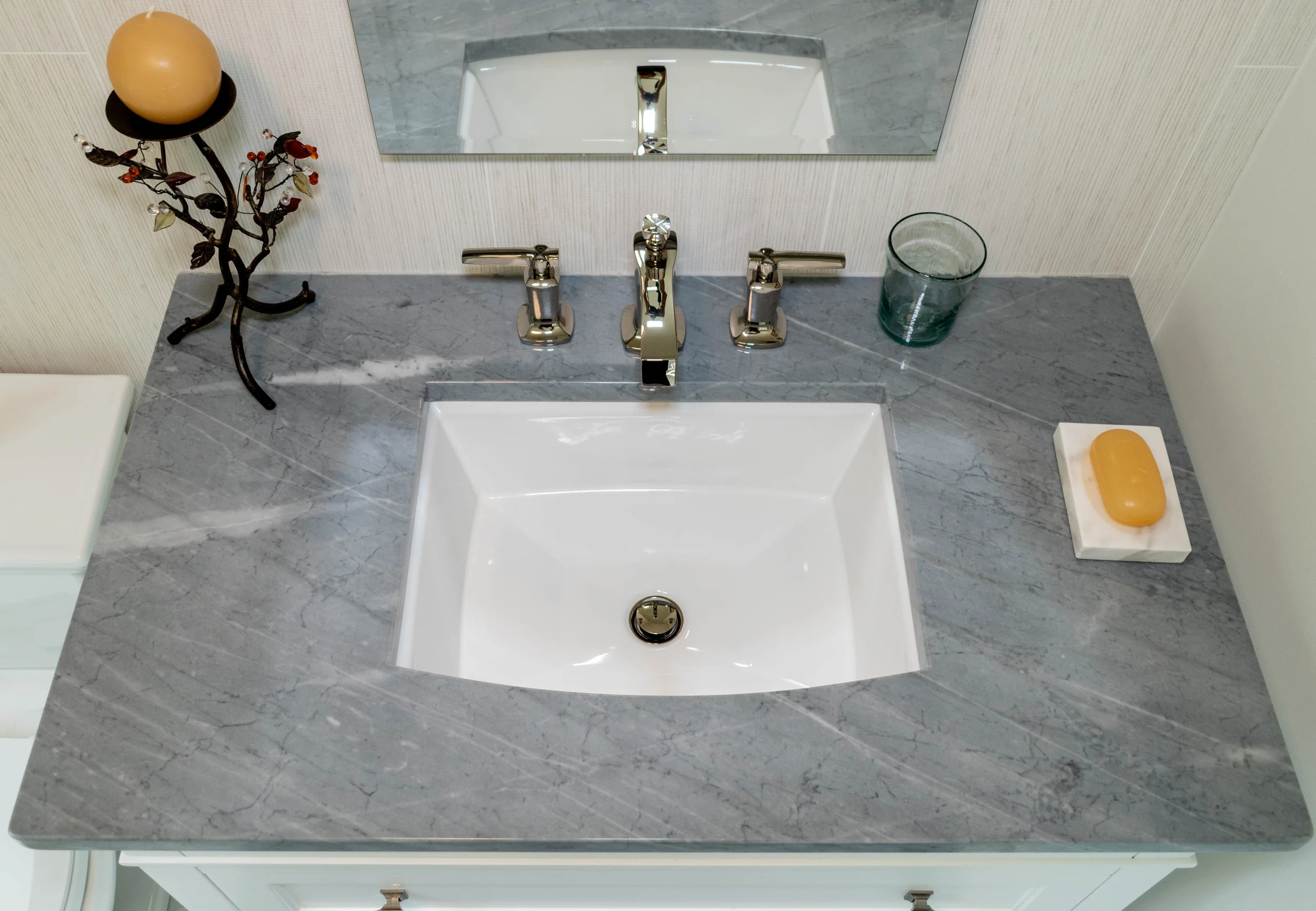 Material: Bardiglio Thickness, Finish & Stone Type: Bardiglio 3CM Polished Marble Edge: Eased Sink: Client’s Sink: Under-Mount