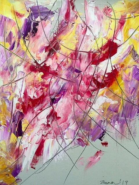 Through The Confetti. 2019. Oil and charcoal on Belgian linen (11” x 14”).