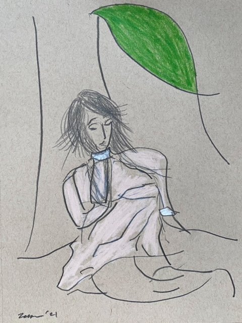   Lost In Thought (Only The Lonely II), 2021.   Charcoal and colored pencil on tan acid free paper (9” x 12”).  