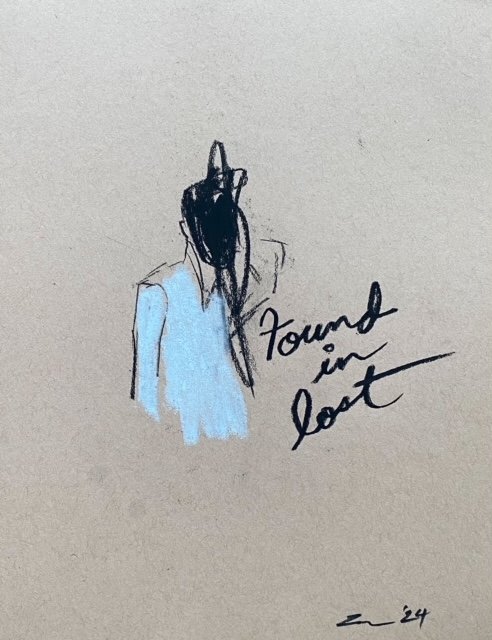 Found In Lost, 2024. Charcoal and colored pencil on tan acid free paper (9” x 12”).