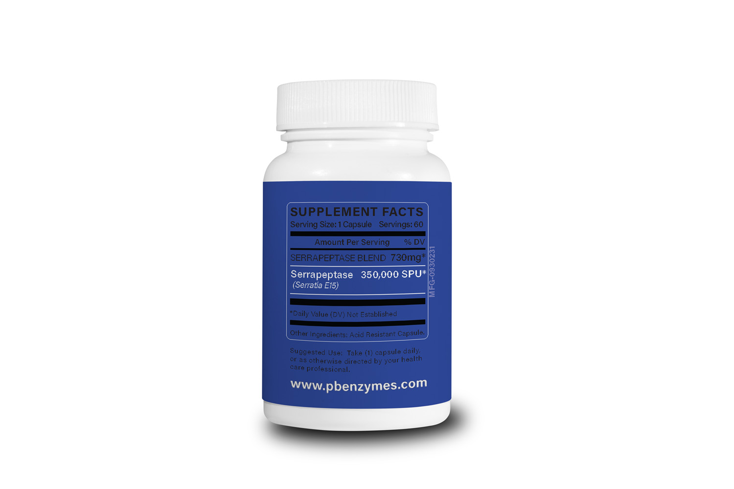 PB SERRAZyme Supplement Facts showing 350,000 SPU serrapeptase, one capsule per serving and 60 servings