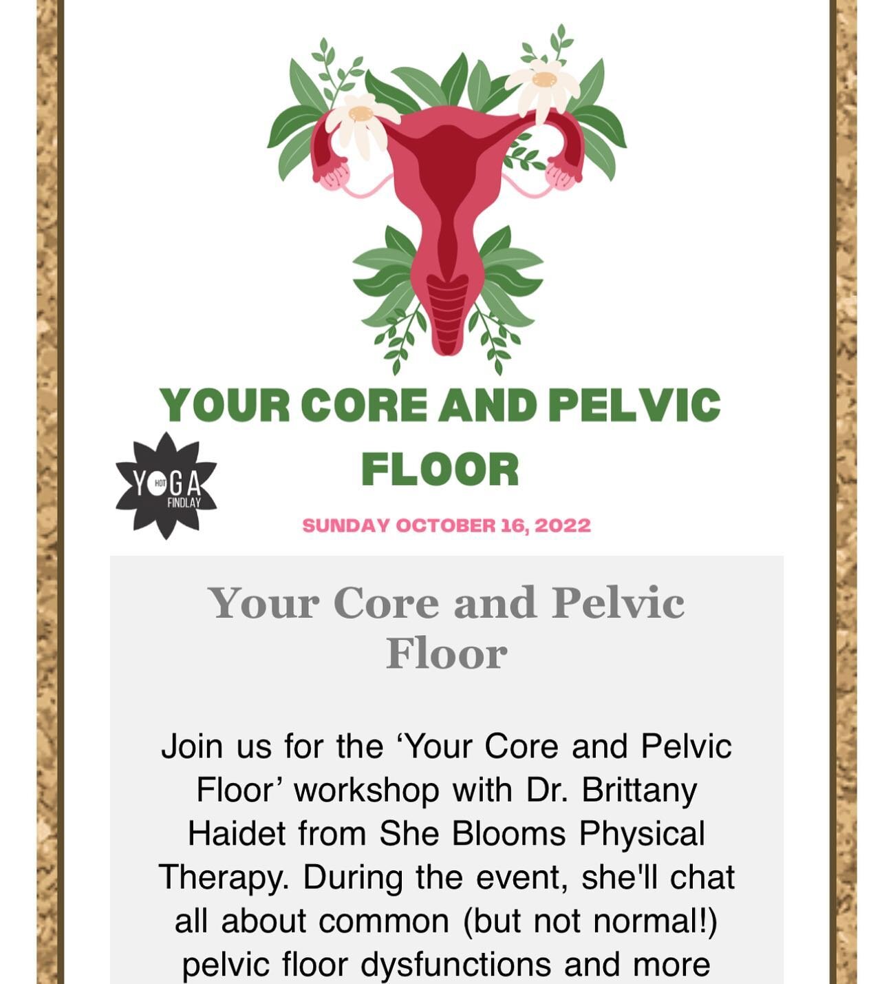 Join me at the wonderful @hotyogafindlay for my &lsquo;Your Core and Pelvic Floor&rsquo; workshop. During the event, I&rsquo;ll chat all about common (but not normal!) pelvic floor dysfunctions and more specifically:
- Anatomy of the pelvic floor and