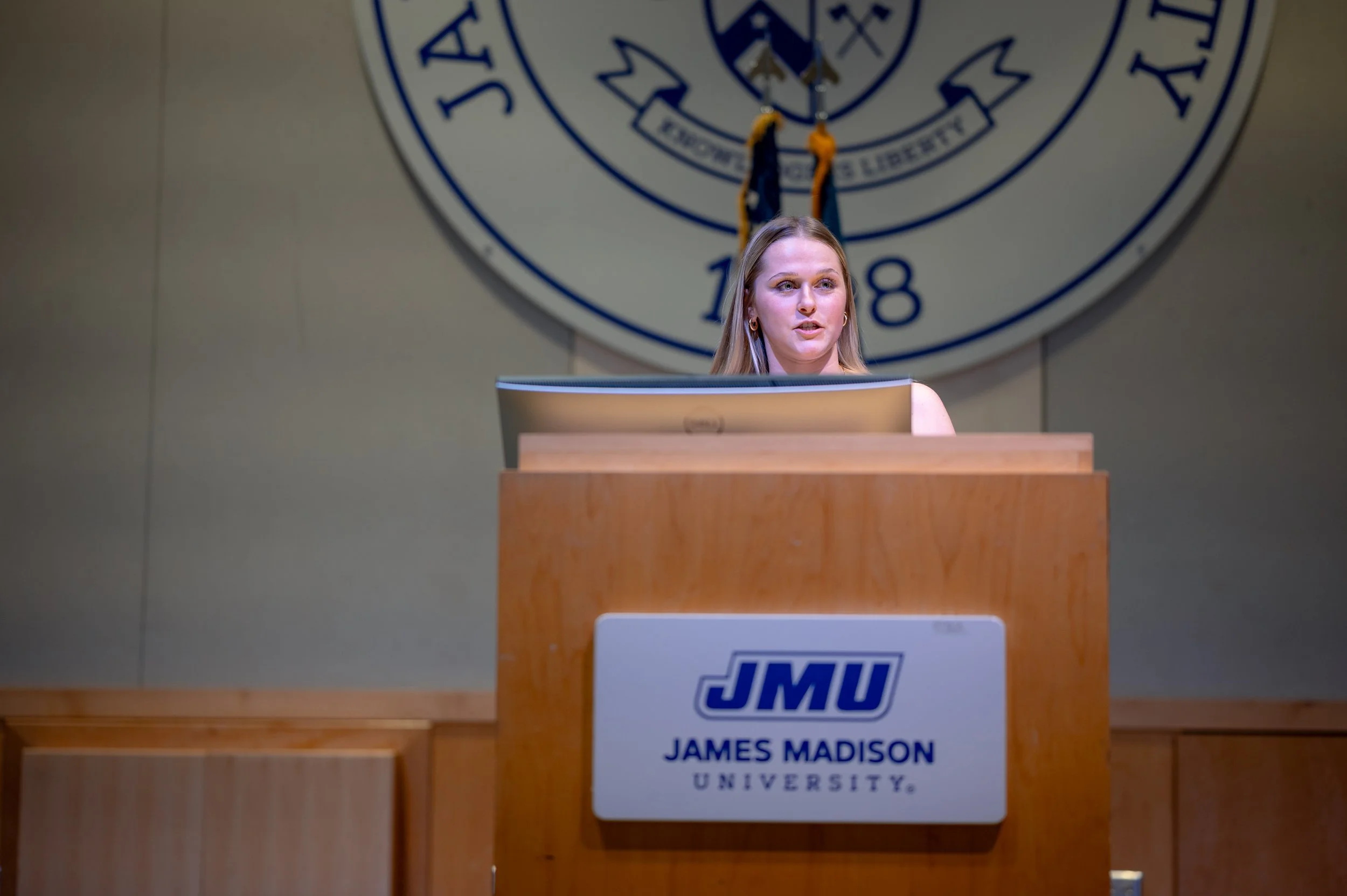  Grace L. Sawyer delivers her acceptance remarks during ceremony honoring her as the inaugural Keith B. Jones Award for Excellence in Political Journalism recipient in Harrisonburg, Virginia on Tuesday, May 5, 2026. (Landon Shackelford/AKSM Photograp