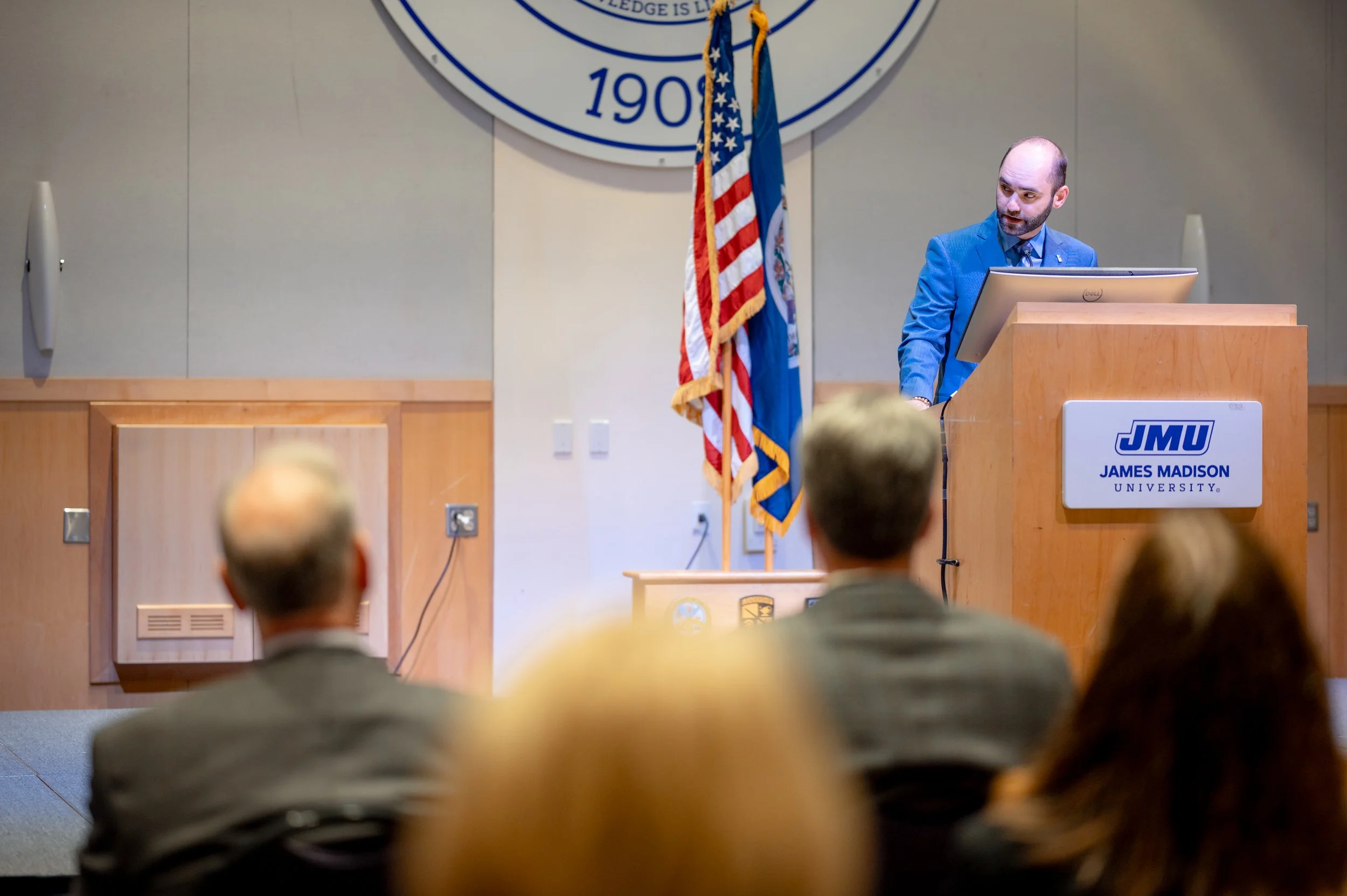  Andrew McKeough delivers remarks during ceremony honoring former Chief White House Producer and Deputy Chief of Staff Grace L. Sawyer as the inaugural Keith B. Jones Award for Excellence in Political Journalism recipient in Harrisonburg, Virginia on