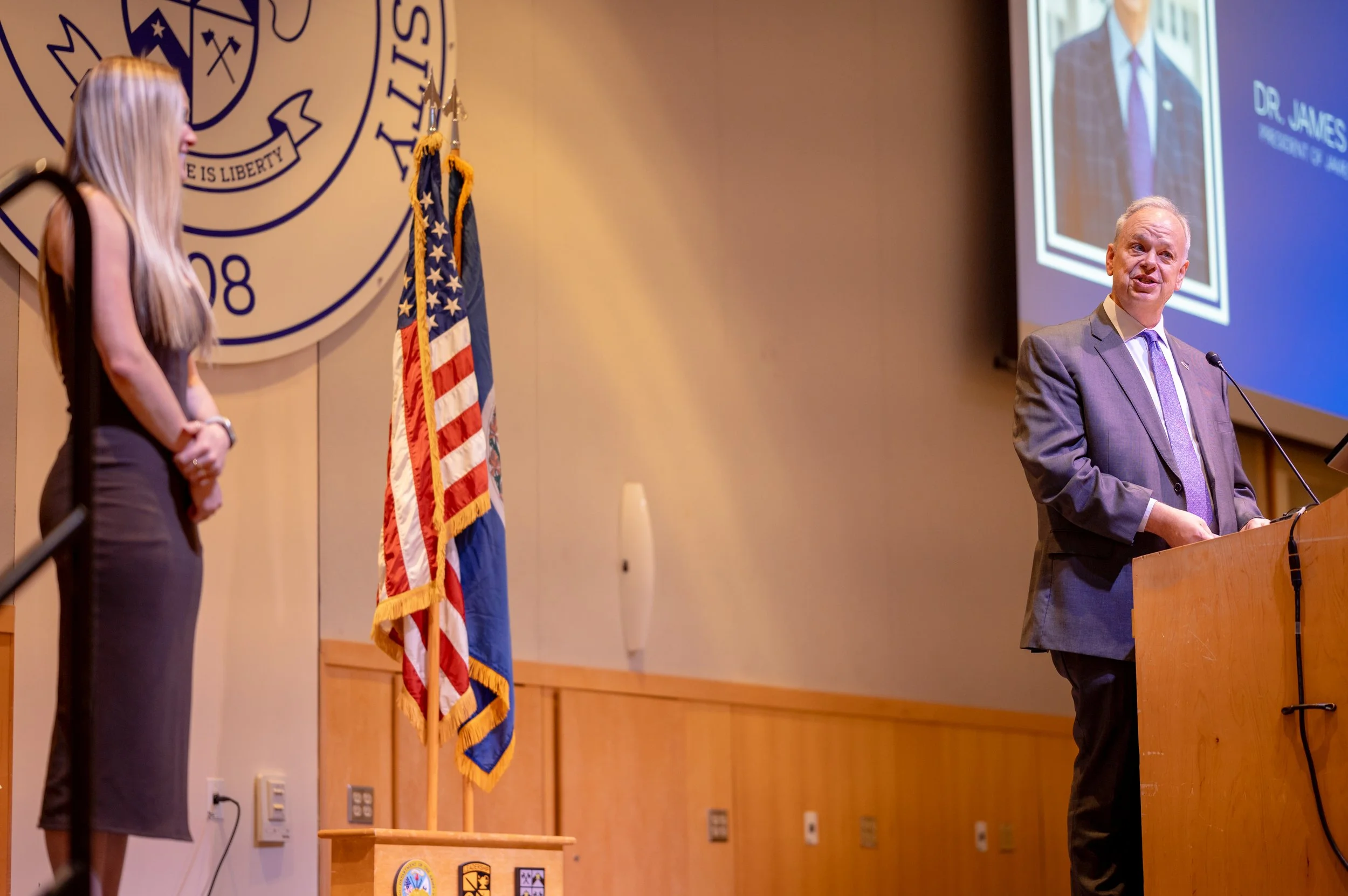  James Madison University President James C. Schmidt, PhD delivers remarks during ceremony honoring former Chief White House Producer and Deputy Chief of Staff Grace L. Sawyer as the inaugural Keith B. Jones Award for Excellence in Political Journali
