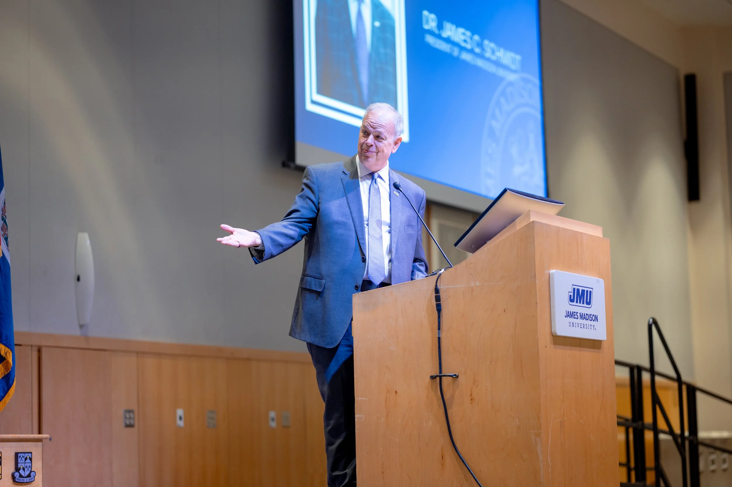  James Madison University President James C. Schmidt, PhD delivers remarks during ceremony honoring former Chief White House Producer and Deputy Chief of Staff Grace L. Sawyer as the inaugural Keith B. Jones Award for Excellence in Political Journali