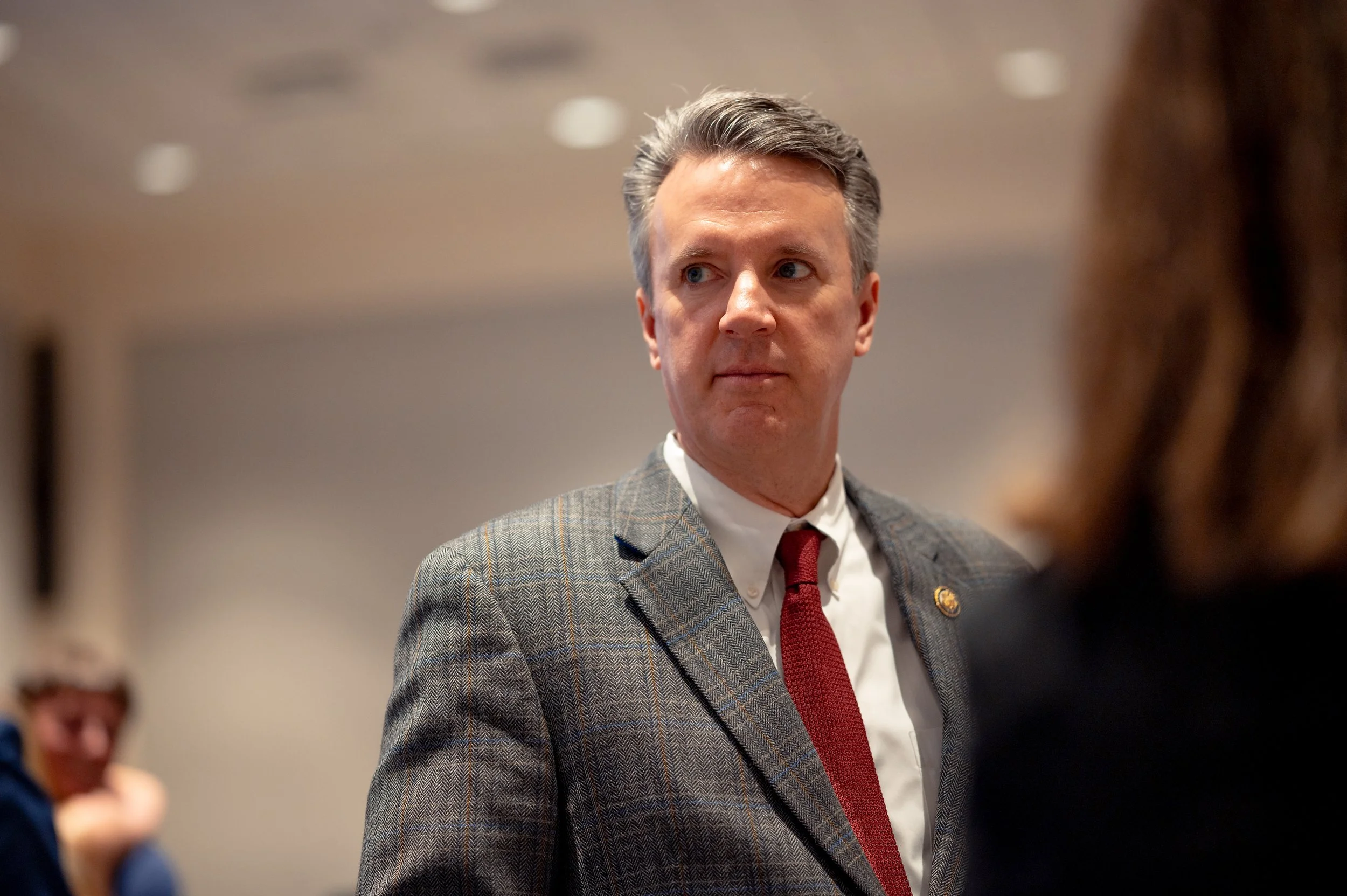 United States Congressman Ben Cline (VA-06) takes questions from the media at a press conference after a surprise award ceremony honoring former Chief White House Producer and Deputy Chief of Staff Grace L. Sawyer as the inaugural Keith B. Jones Awa